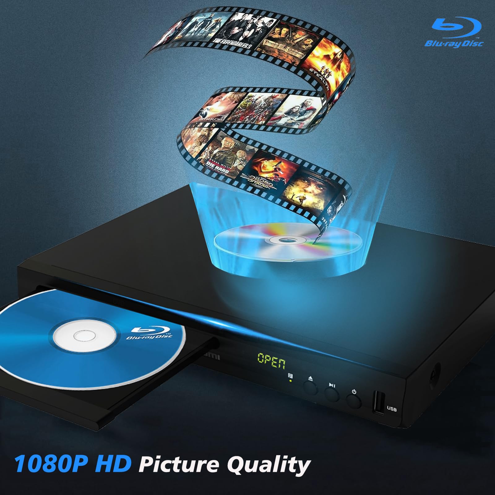 Reproductor de DVD BLU-Ray, Reproductor Multimedia de música y películas Dolby Audio, Full HD 1080P, Reproductor de BLU-Ray con HDMI/AV/coaxial, Disco BLU-Ray para Región B/2