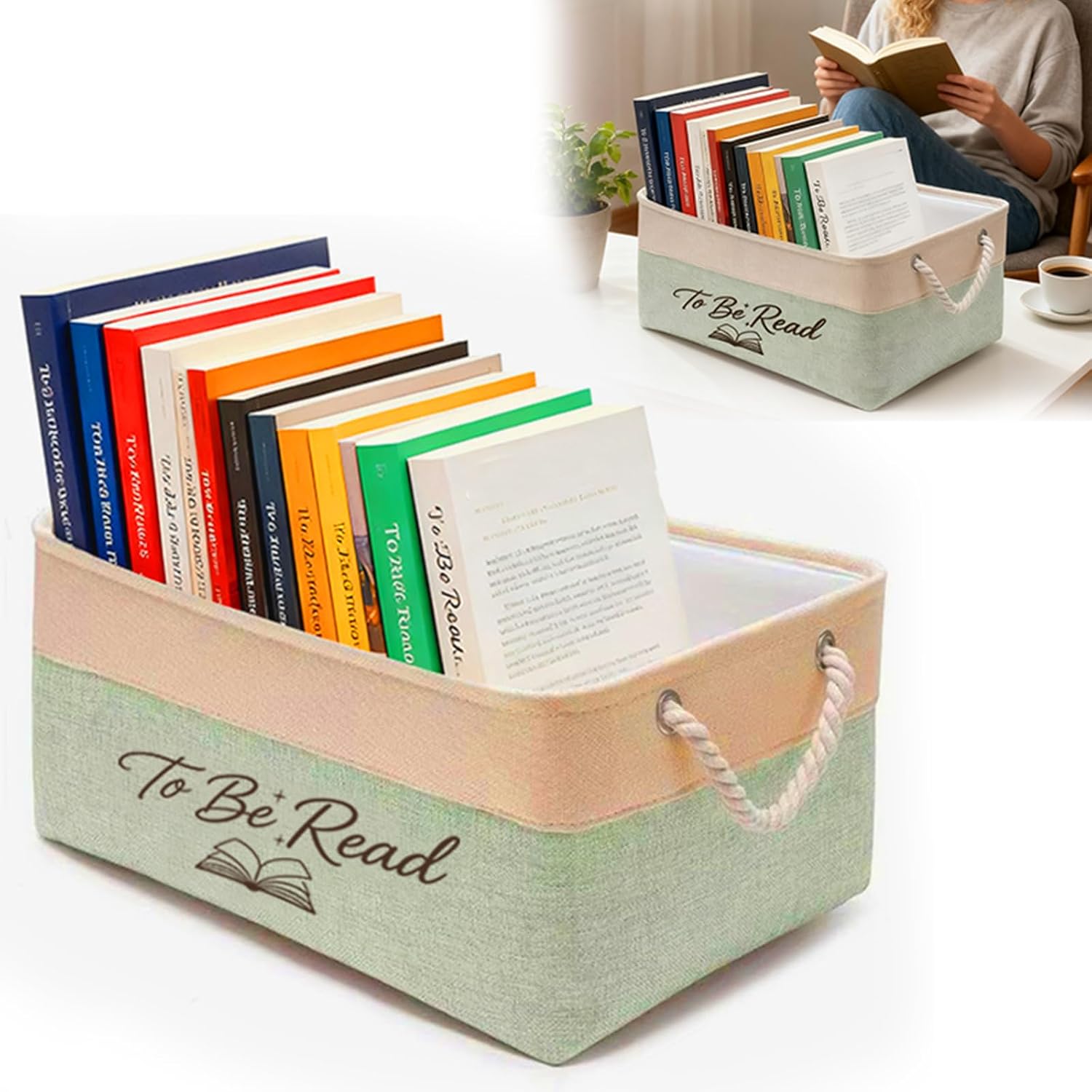 Book Storage Basket TBR Book Lover Gifts To Be Read List Storage Bin Reading Accessories–a bookish gift for students teachers homes as well as book club members and librarians (Brown + Green)