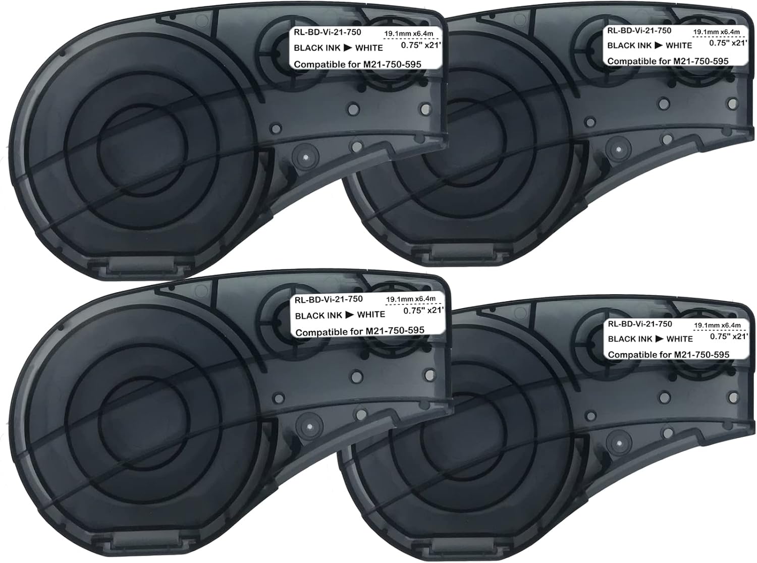 Compatible Label Tape Replacememt for M21-750-595-WT Cartridge Ribbon, 3/4 inches Adhesion Vinyl Labels Tape, Black on White Work with BMP21-PLUS/LAB,M210 LAB M211 Printer, 0.75" Width-4 Roll