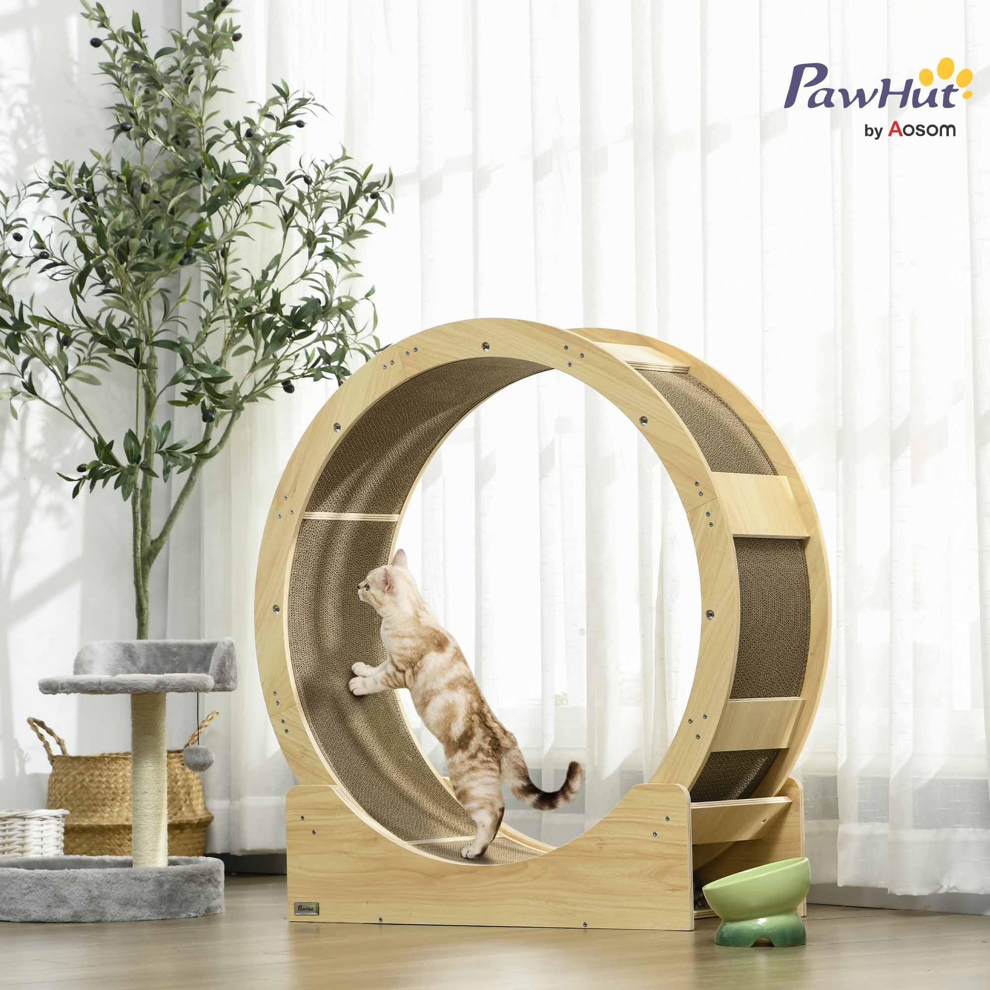 PawHut Roue d'exercice pour chat 91 cm, grande roue de course avec frein sécurisé et tapis de grattage amovible, tapis roulant ultra silencieux, pour perte poids, santé d'animaux de compagnie, naturel