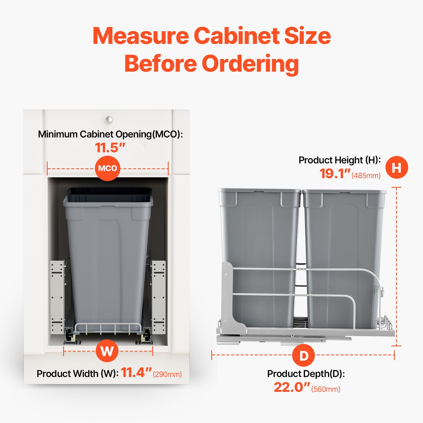 VEVOR ausziehbarer Mülleimer (27 Qt x 2), doppelter Unterbau-Küchenabfallbehälter, Mülleimer mit Türsatz & Soft-Close-Schieberegler, für Küchenschrank Spüle unter der Theke (grau)