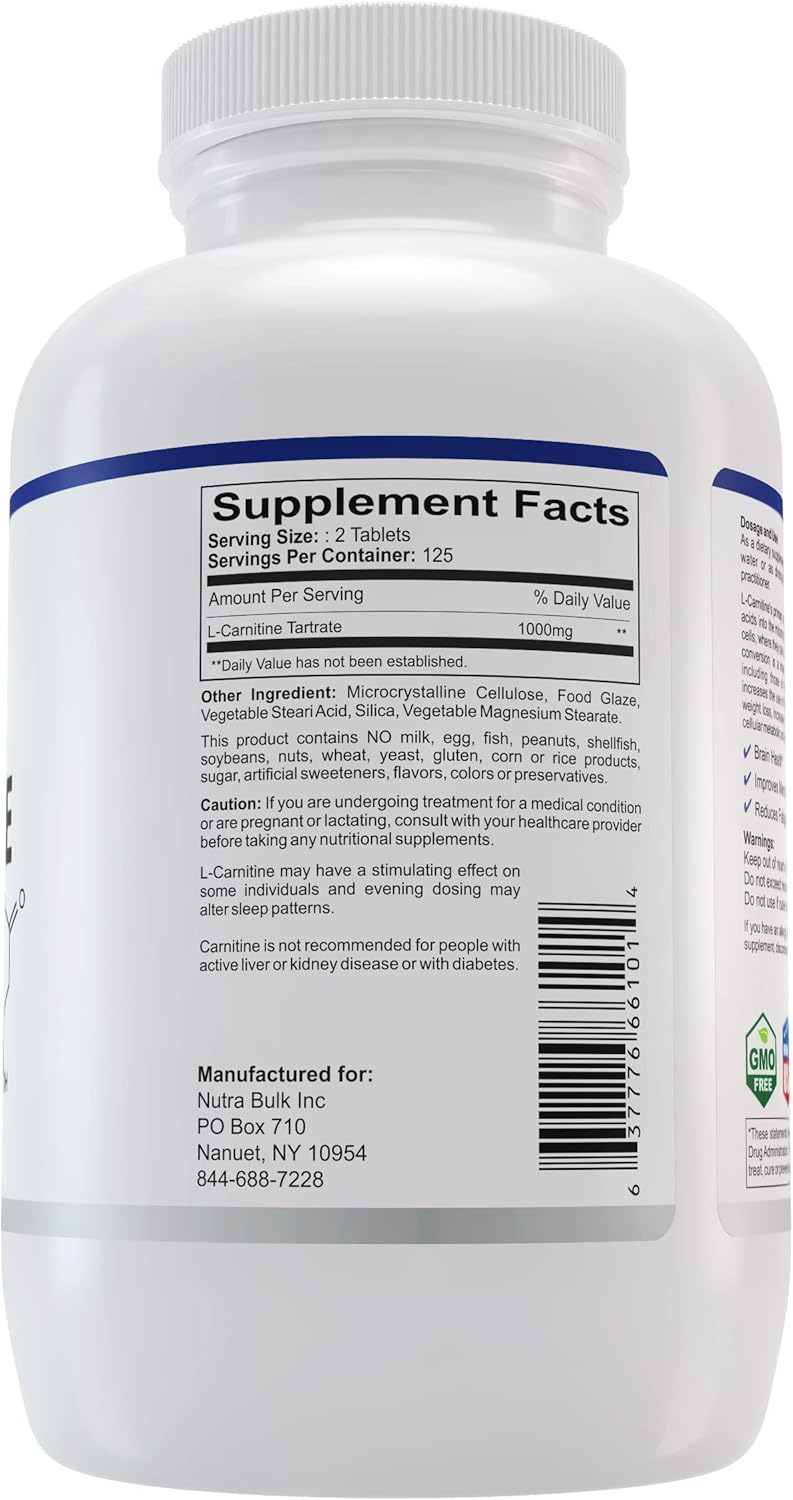 NutraBulk L-Carnitine 500mg Tablets - 250 Count : Everything Else