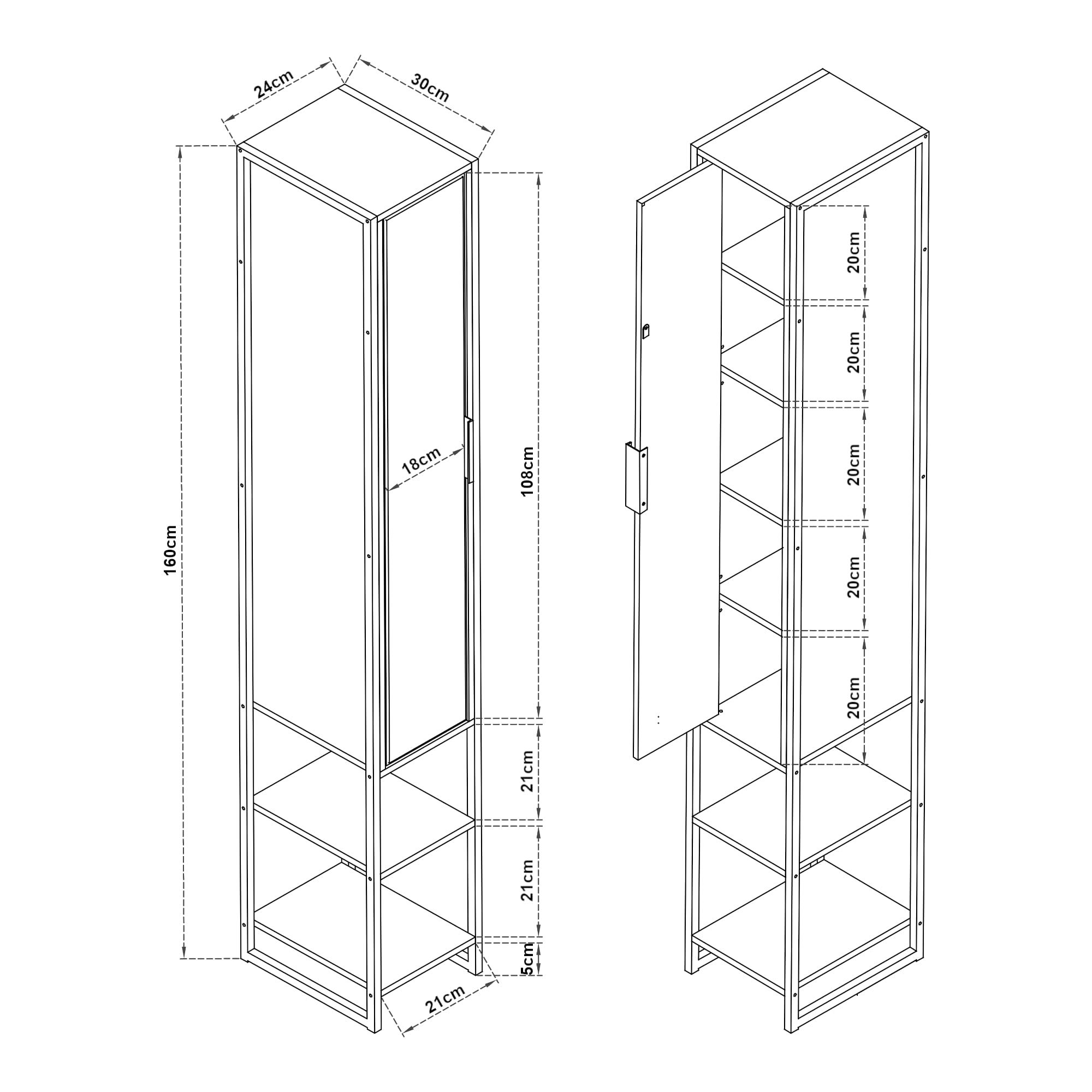 [en.casa] Armario Alto Namsskogan Columna de Baño con 2 Compartimentos Abiertos y 5 Cerrados Mueble Auxiliar Alto Baño Puerta con Espejo Aglomerado Metal 160 x 24 x 30 cm - Efecto Nogal y Negro