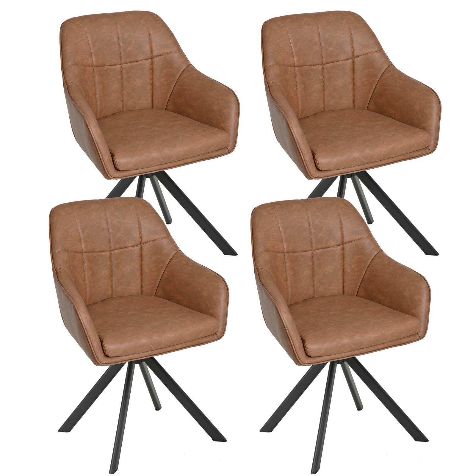 Goeurvant 360° Swivel Dining Chairs Set of 4, Brown PU leather Armchairs, Ergonomic Designed Chairs with Armrests and Metal Legs for Apartment, Dining Room, Kitchen, Study, Vanity, Office