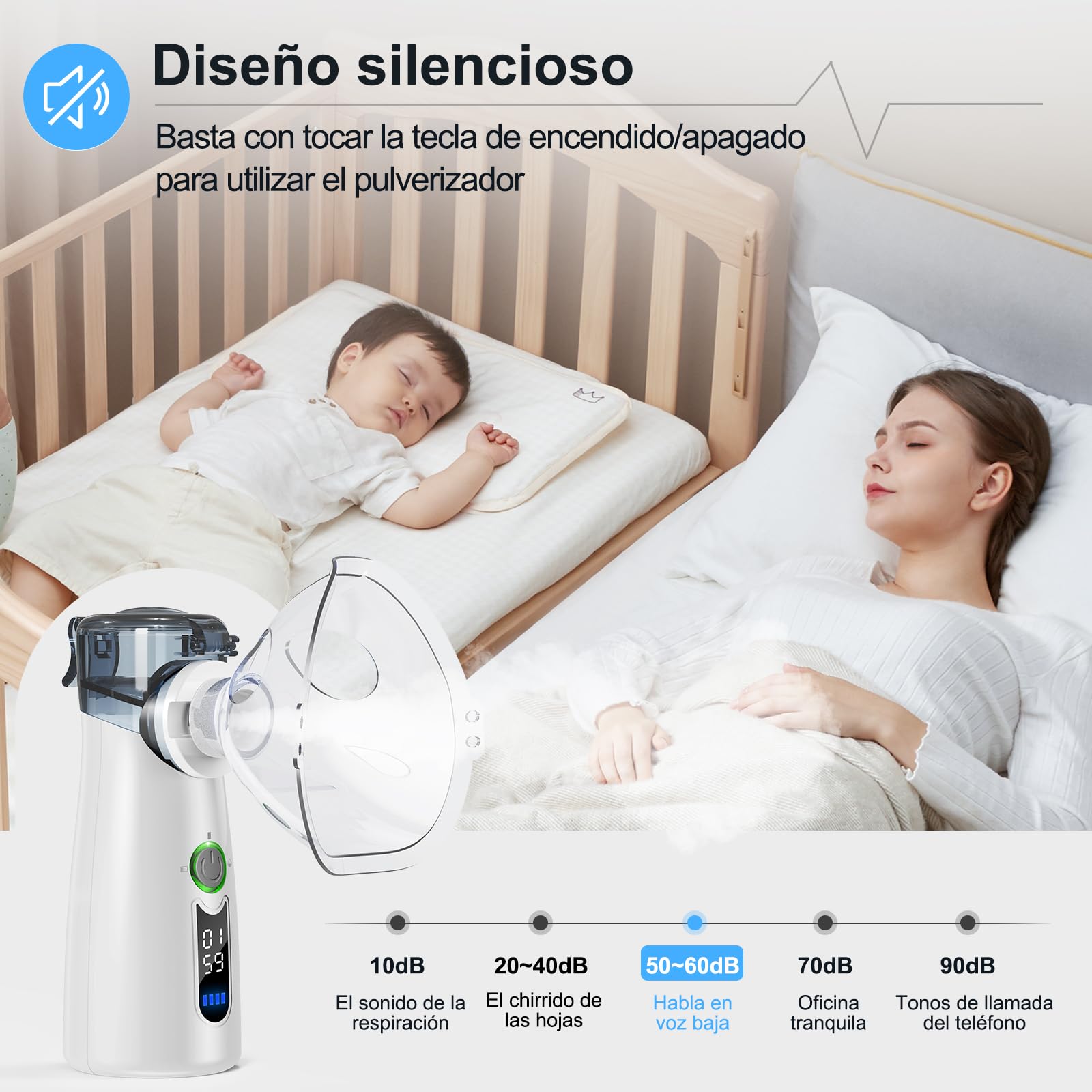 Aerosol Silencioso, Máquina de Aerosol Ultrasónica Portátil, Con Pantalla Digital, Limpieza Residual Automática, Recargable USB-C para Adultos y Niños-Gris