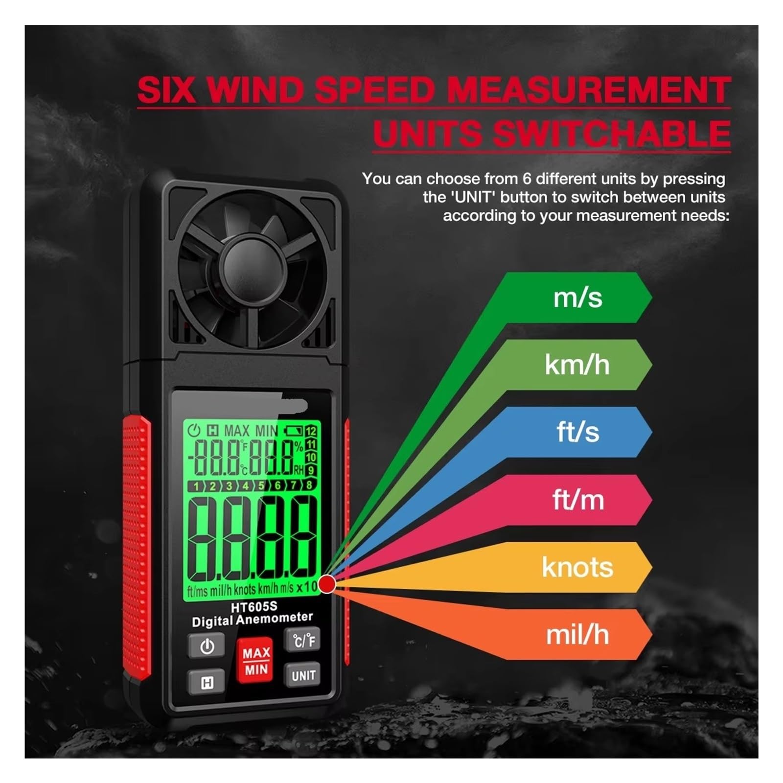 Anemómetro Digital HT605S, medidor de velocidad del viento y flujo aire, termómetro con retroiluminación LCD, higrómetro, anemómetro profesional