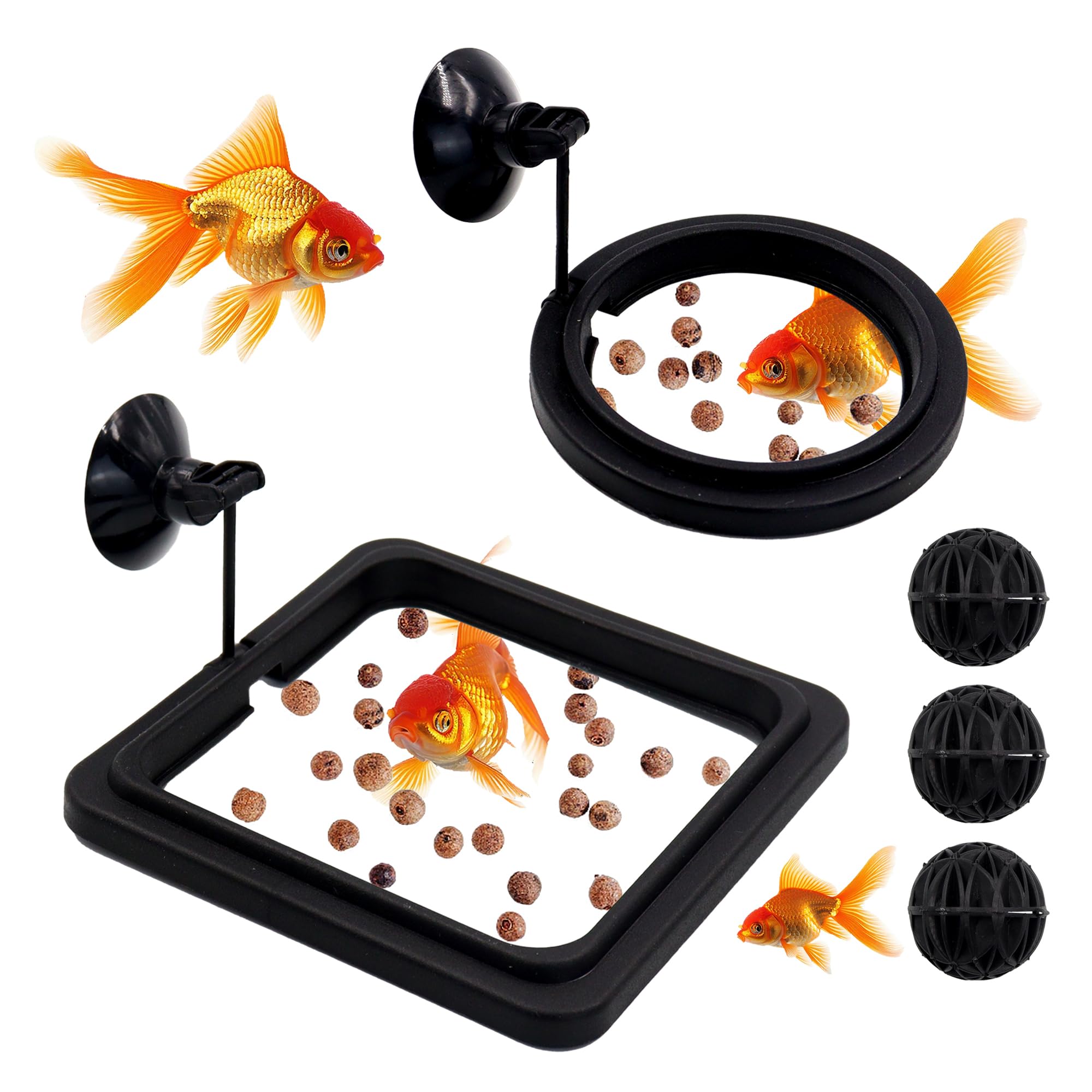 5 Pieces Plastic Floating Fish Feeding Ring with Strong Suction Cup & Filter Ball, Small Round and Square Betta Feeding Ring, Aquarium Turtle Feeder for Goldfish Guppy Neon Tetra, Black (Style 1)