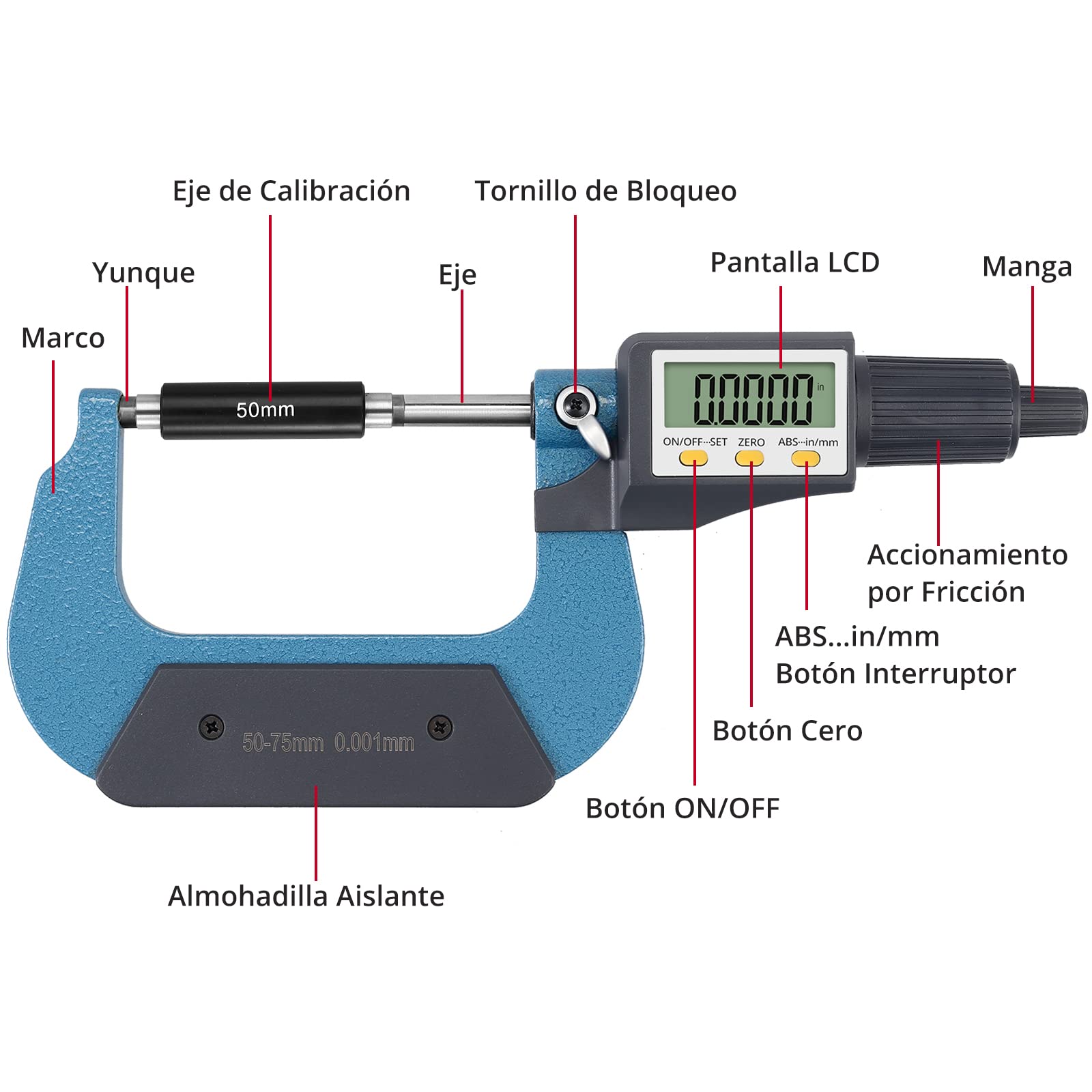 XUNTOP Micrómetro Digital 2-3 "/ 50-75 mm Micrómetro Digital de Alta Precisión LCD con Apagado Automático 0.00005"/0.001mm Micrómetro Mecánico Exteriores Calibre Electrónic de Acero Inoxidable