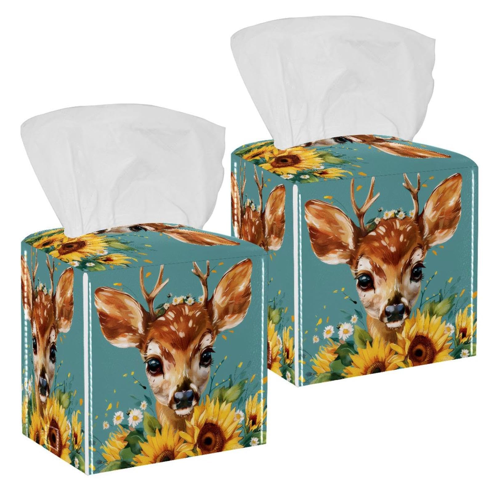 Deer Sunflowers Tissue Box Cover, 2 Pack PU Leather Square Facial Tissue Dispenser Box holder for Home Office Car