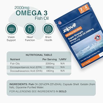Zipvit Omega 3 Fish Oil 2000mg, EPA 660mg DHA 440mg, Wild-Caught, Cold Water Fish, Supports Heart, Brain & Vision, 120 Softgels, 2 Months Supply, Eco-Friendly Pouch