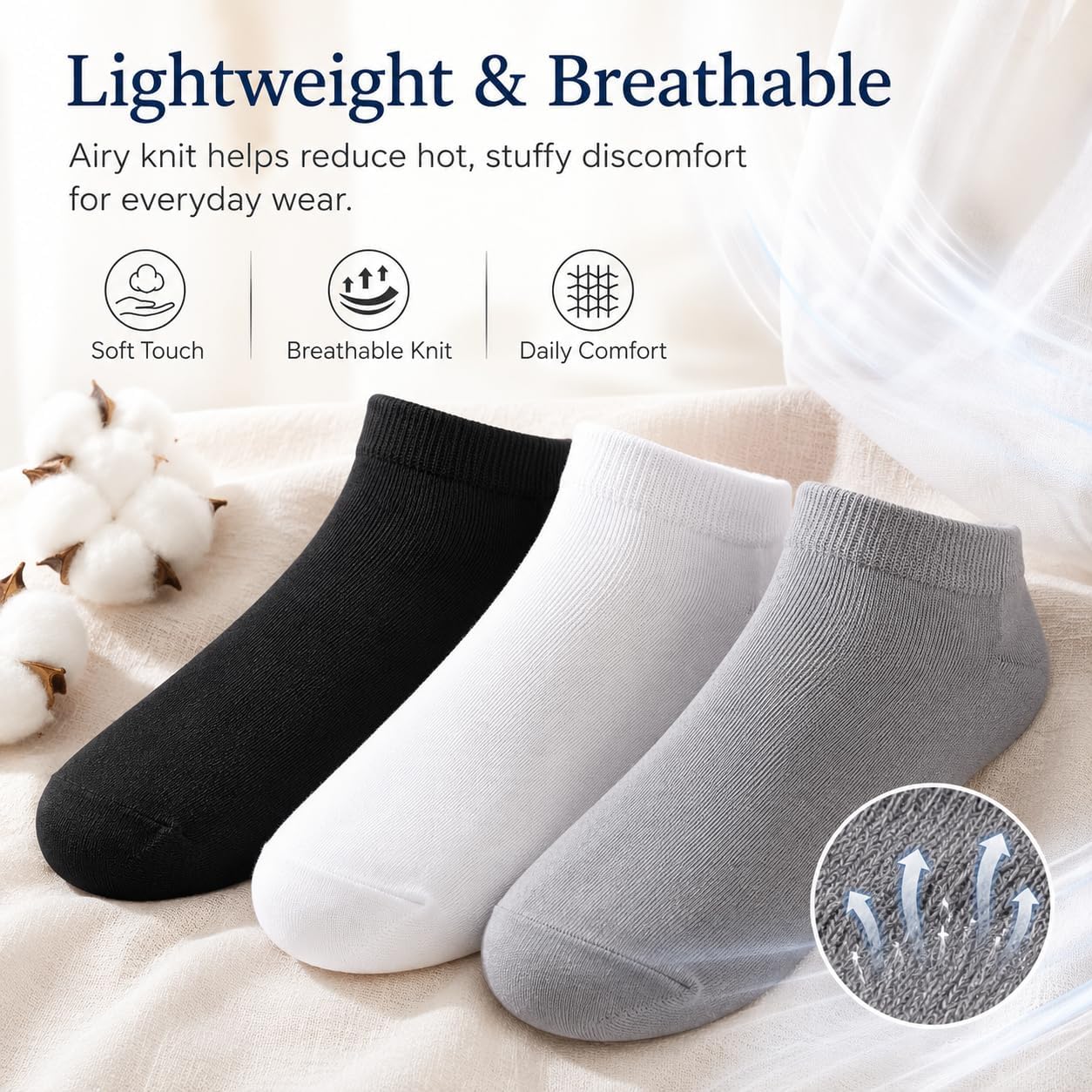 NIASOUL Cotton Ankle Socks for Women, 6 Pairs Lightweight Breathable Low Cut Socks for Sneakers, Soft Casual Socks
