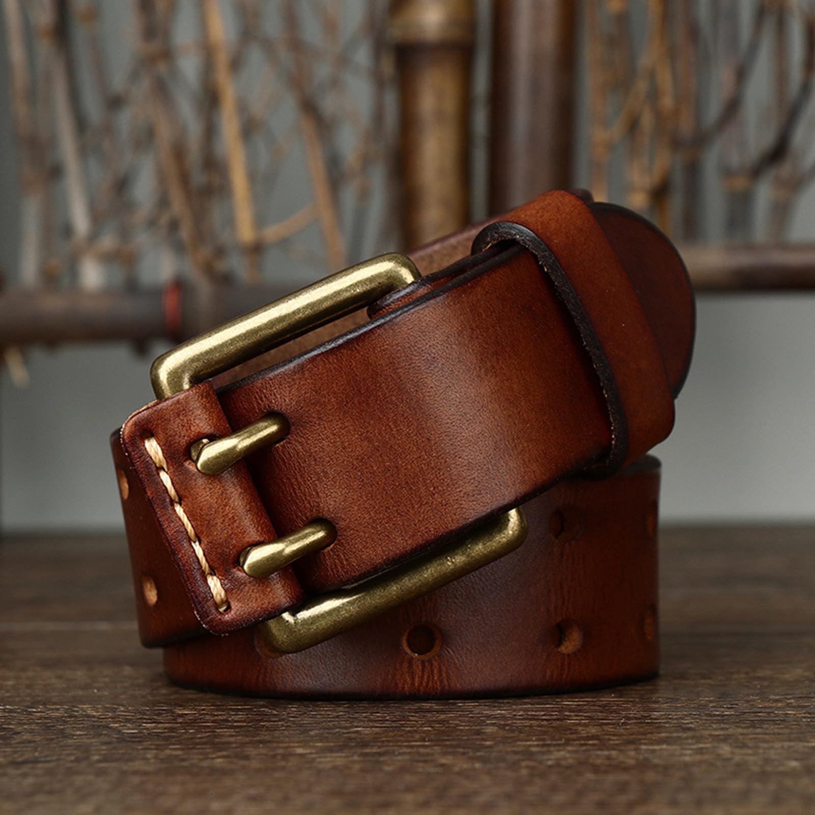 Cinturón hecho a mano de estilo Retro de doble punta for hombre, correa de cuero de 2 agujeros con hebilla de rodillo, cinturón vaquero de 3,8 cm de ancho y 4mm de grosor