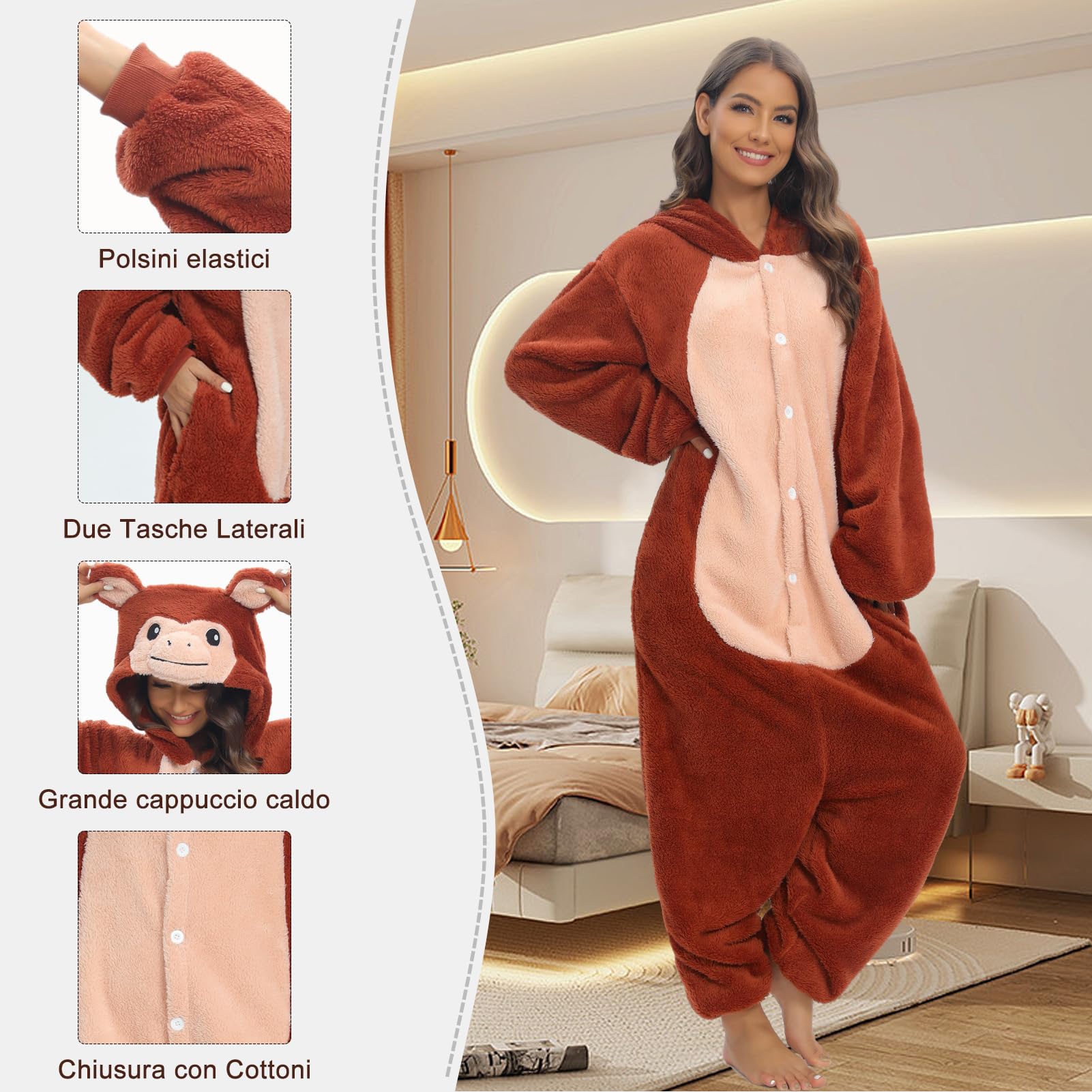 Luojida Pigiama Intero Adulto Cosplay Animale Onesies Morbido e Caldo Pigiama Invernale Pile con Cappuccio e Tasche Tuta Intera in Peluche Ideale Regalo per Costume Carnevale Halloween Natale