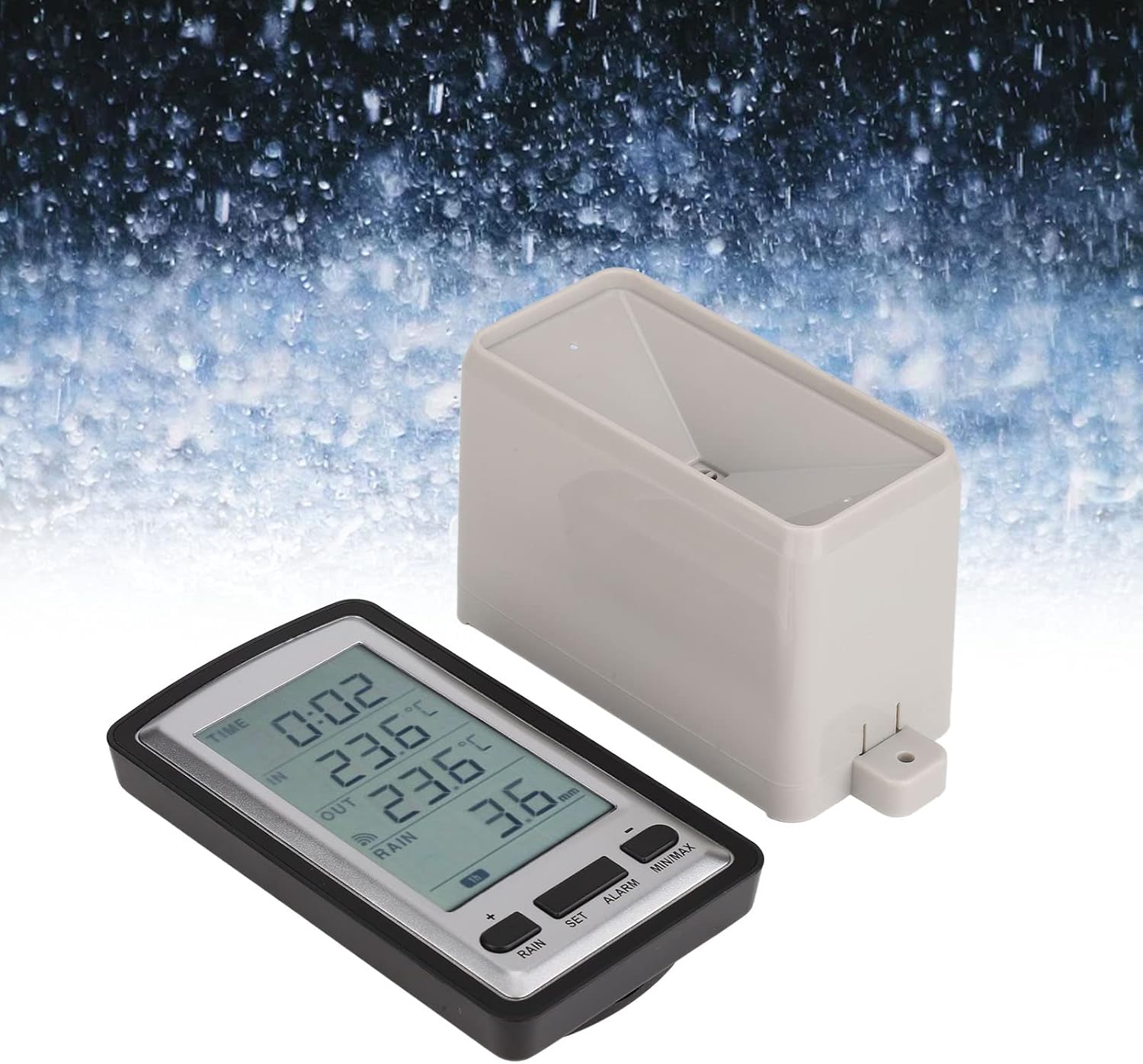 Wireless Rain Meter Gauge, Digital Rainfall and Temperature Monitor with 1 Hour to Monthly Data Display, Time Alarm, 433MHz Transmission, for Indoor Outdoor Weather Station