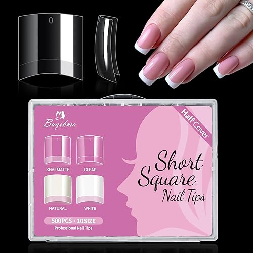 Miniatura 7 de Buqikma 500 puntas de uñas cortas de gel francés de media cubierta para uñas acrílicas, puntas de uñas acrílicas medio mate, puntas de uñas