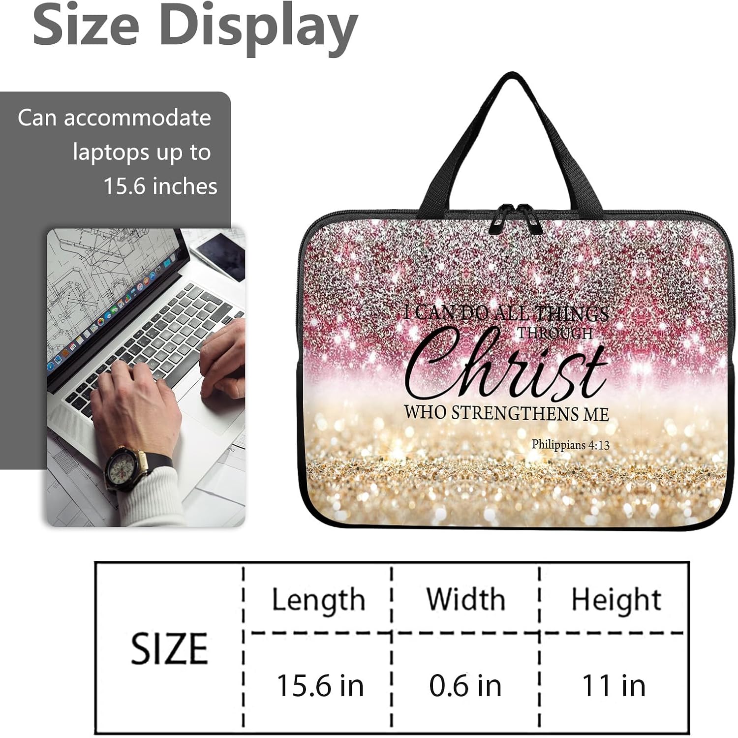 14" 15" Laptop Handle Bag Computer Bag,14.2" 15.4 inch Pouch Holder Notebook Sleeve Cover Compatible for Dell,Lenovo,Toshiba HP, Asus Notebook Messenger Briefcase-Glitter Philippians 4:13