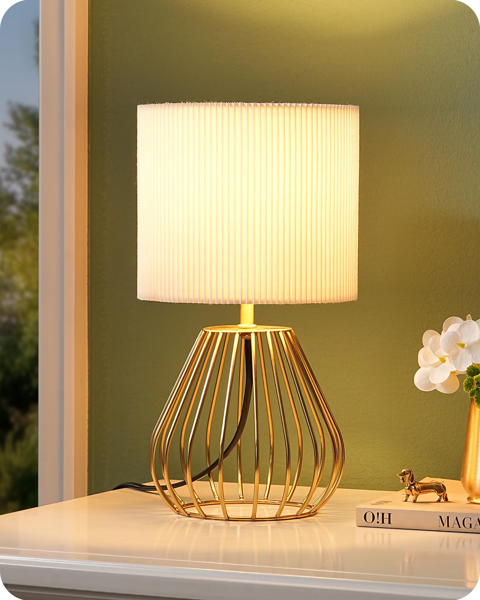EDISHINE Table Lamp, Gold Water Droplet Shaped Metal Cage Base & Cream Coloured Pleated Lampshade, E14 Socket