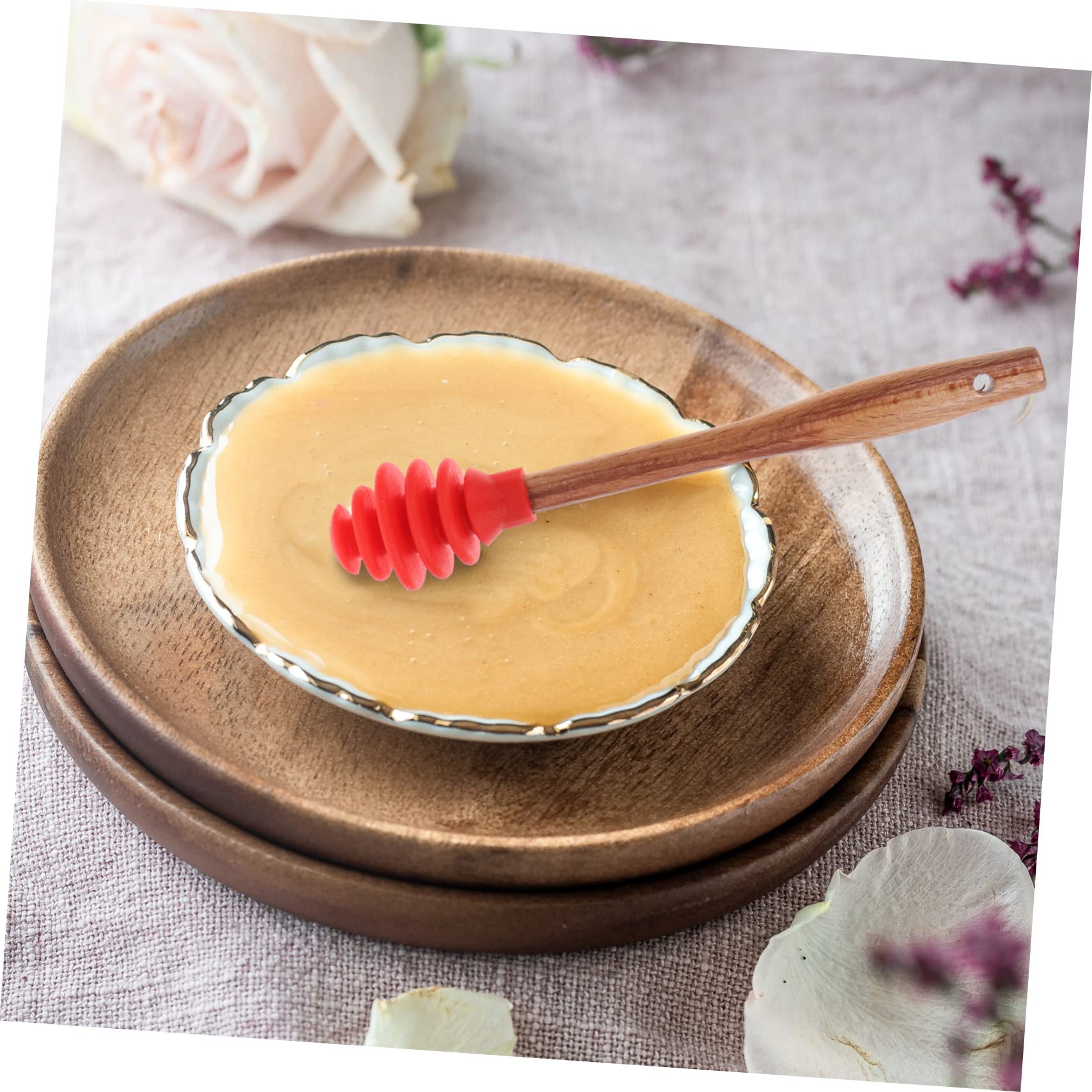 CIYODO 5pcs Silicone Honey Dipper Mini Honey Dipper Honey Dispense Dipper Syrups Honey Dippers Syrup Stirrer Honey Spoons Honeycomb Stirrer Honey Ladle Honey Wand Wooden re-usable