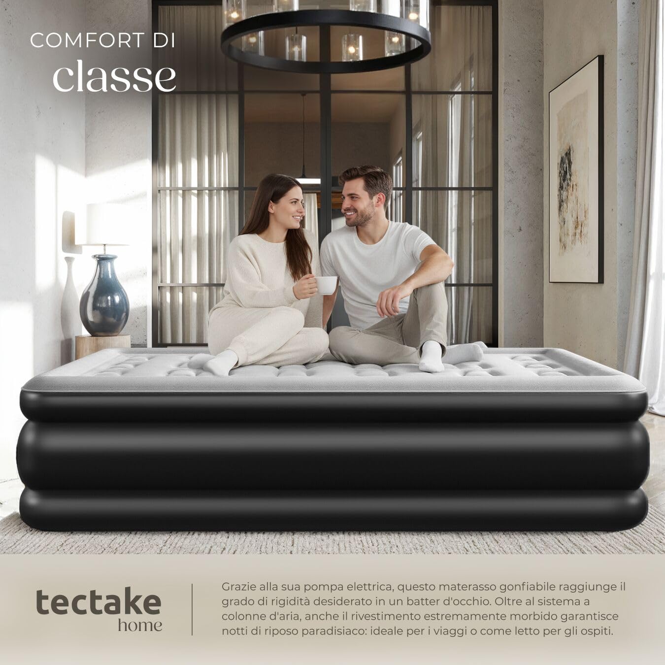 tectake® Materasso Gonfiabile AirDreams, Autogonfiabile con Pompa Elettrica, Singolo e Matrimoniale, Letto Gonfiabile, Viaggi e Campeggio, Comfort e Supporto, Facile da Trasportare - 200 x 101 x 44 cm