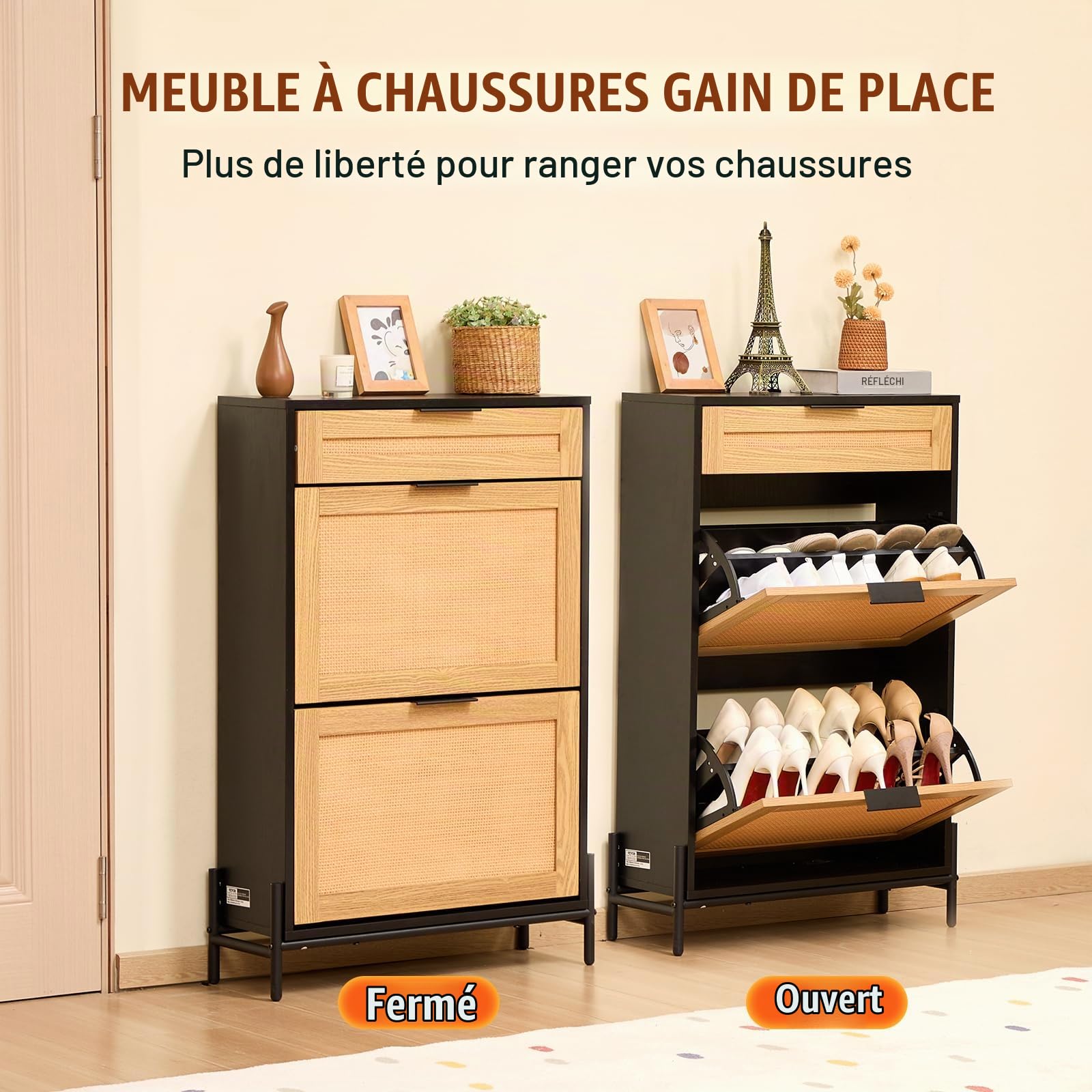 VEVOR Meuble de Rangement à Chaussures en Rotin, Armoire à Chaussures avec 2 Abattants et 1 Tiroir Coulissant, Range-Chaussures Minces avec Pieds en Métal, Meuble d'Entrée et de Couloir, Noir
