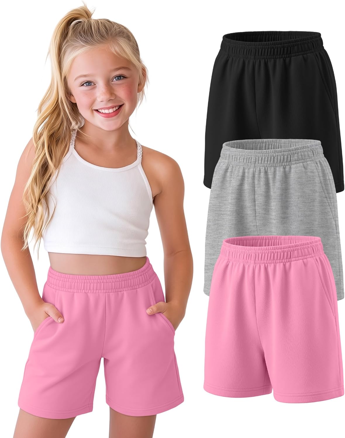 3 Pack Girls Shorts Kids Wide Leg Athletic Shorts Casual Summer Elastic Waist SweatShorts with Pockets 5-14 Years