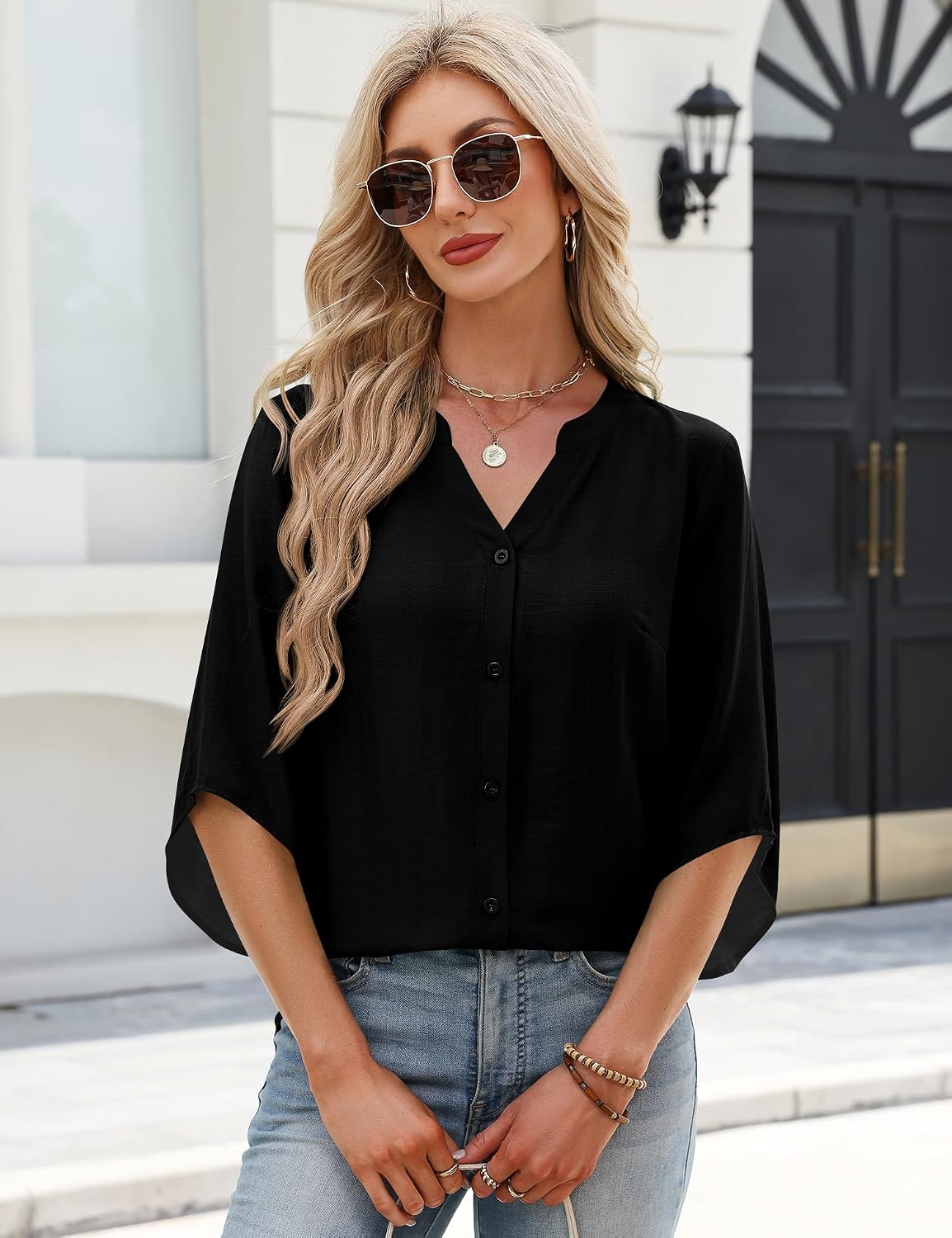 LOMON Womens Boho Tops 3/4 Length Sleeve Button Down Shirts Loose Fit M-3XL image 3