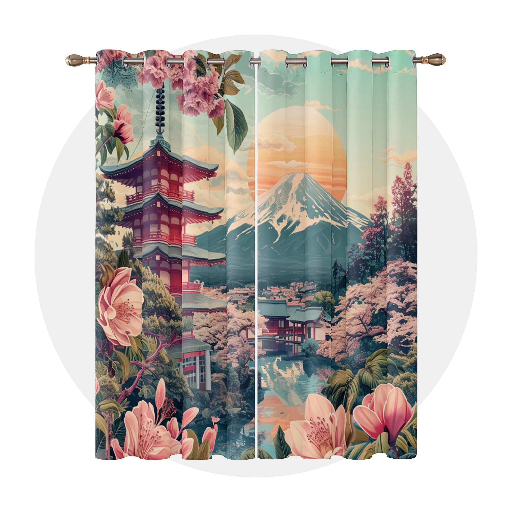 Generisch Vorhänge Japanische - Kirschblüten Landschaft Mount Fuji Fenster Gardinen mit Ösen, Vorhang Blickdicht Verdunklungsvorhänge Thermovorhang für Wohnzimmer Deko 2er Set, H 245 x B 140 cm L#-64