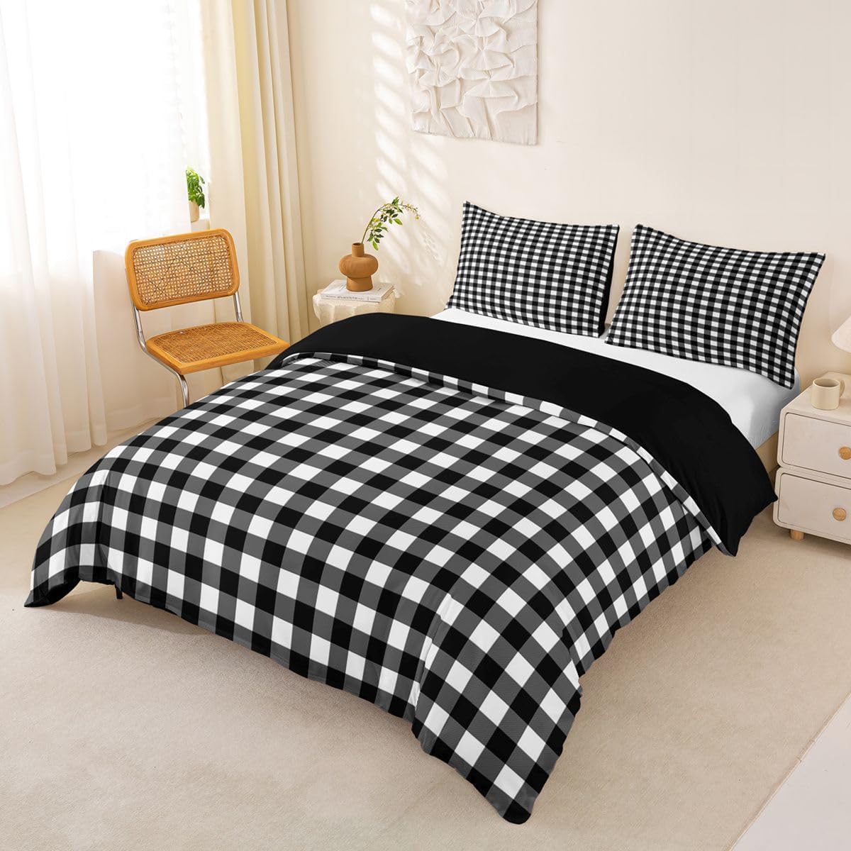 Manfei Traditional Gingham 3 Pieces Soft Bedding Set,Geometric Grid Duvet Cover Kids Boys Girls Room Decor Minimalist Full Comforter Cover with 2 Pillowcases(No Comforter),Black White image 2