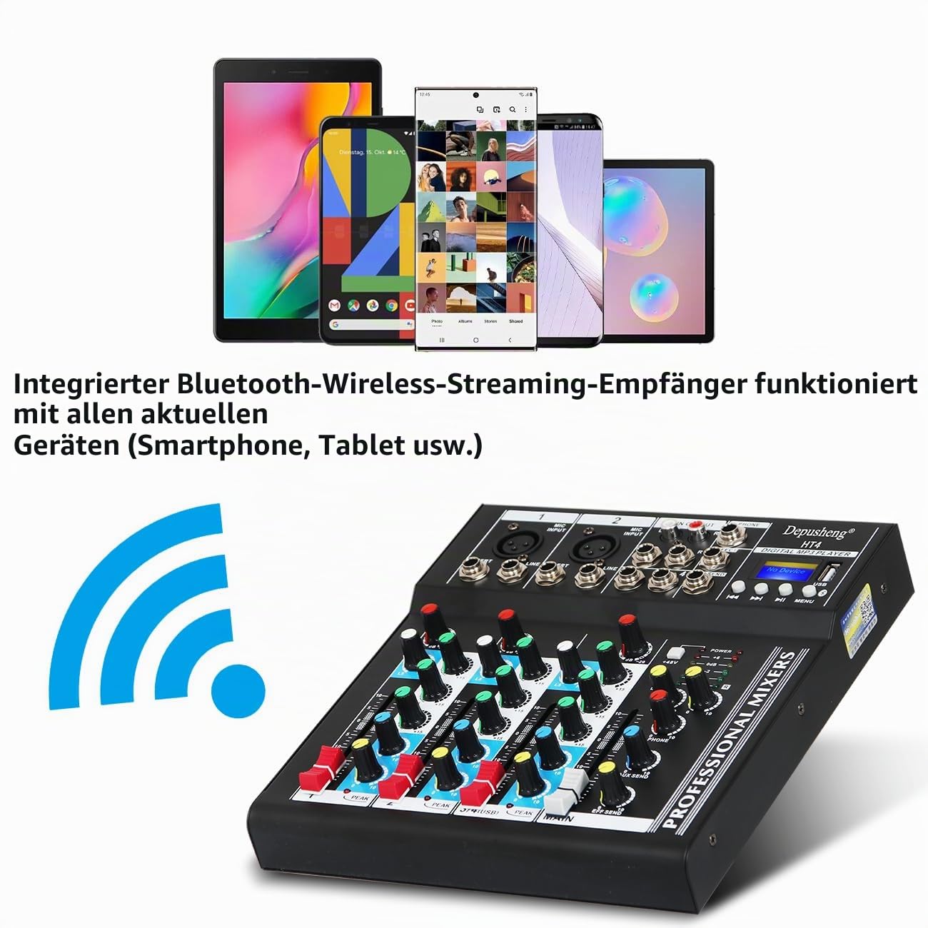 Depusheng HT4 Professioneller 4-Kanal USB Jack Portable Audio Mixer Bluetooth Live Studio Audio DJ Sound Mischpult