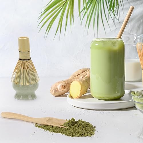 Miniatura 6 de Juego de 6 batidores de matcha con batidor de bambú (120 puntas) y soportes de cerámica y cuenco, cuchara, tamiz de acero inoxidable para mujeres,