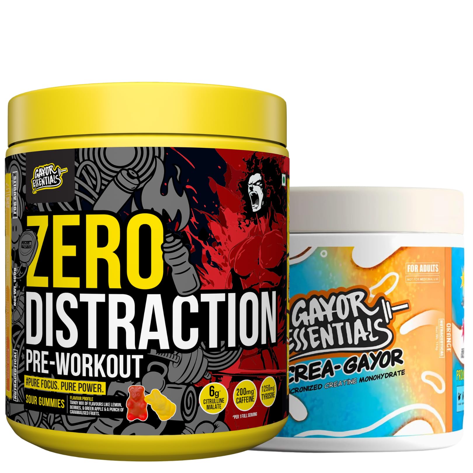 Gayor Essentials Creatine + Pre Workout Combo | Micronized Creatine Monohydrate & Zero Distraction Pre Workout | Strength, Pump, Energy & Recovery | Orange + Sour Gummies (169g,114g)-image-11