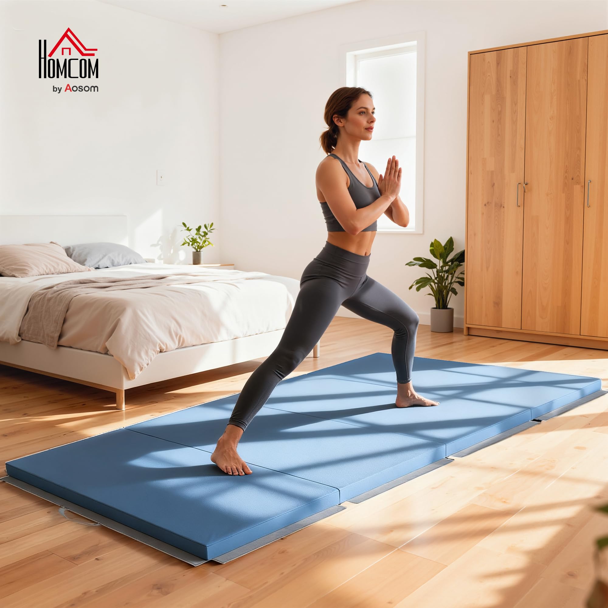 HOMCOM Trainingsmatte, Faltbare Fitnessmatte Sportmatte mit Griffen Gymnastikmatte Gymnastik Tumbling Matte für Yoga, MMA, Fitness, Pilates, Synthetikbezug, Hellblau, 240 x 120 x 5 cm