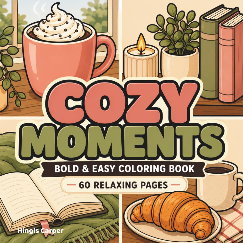 COZY MOMENTS: Bold & Easy Coloring Book for Adults and Teens Featuring Cozy Summer Days, Coffee, Books, Sweet Treats, Relaxing Cafés, and Everyday Comforts