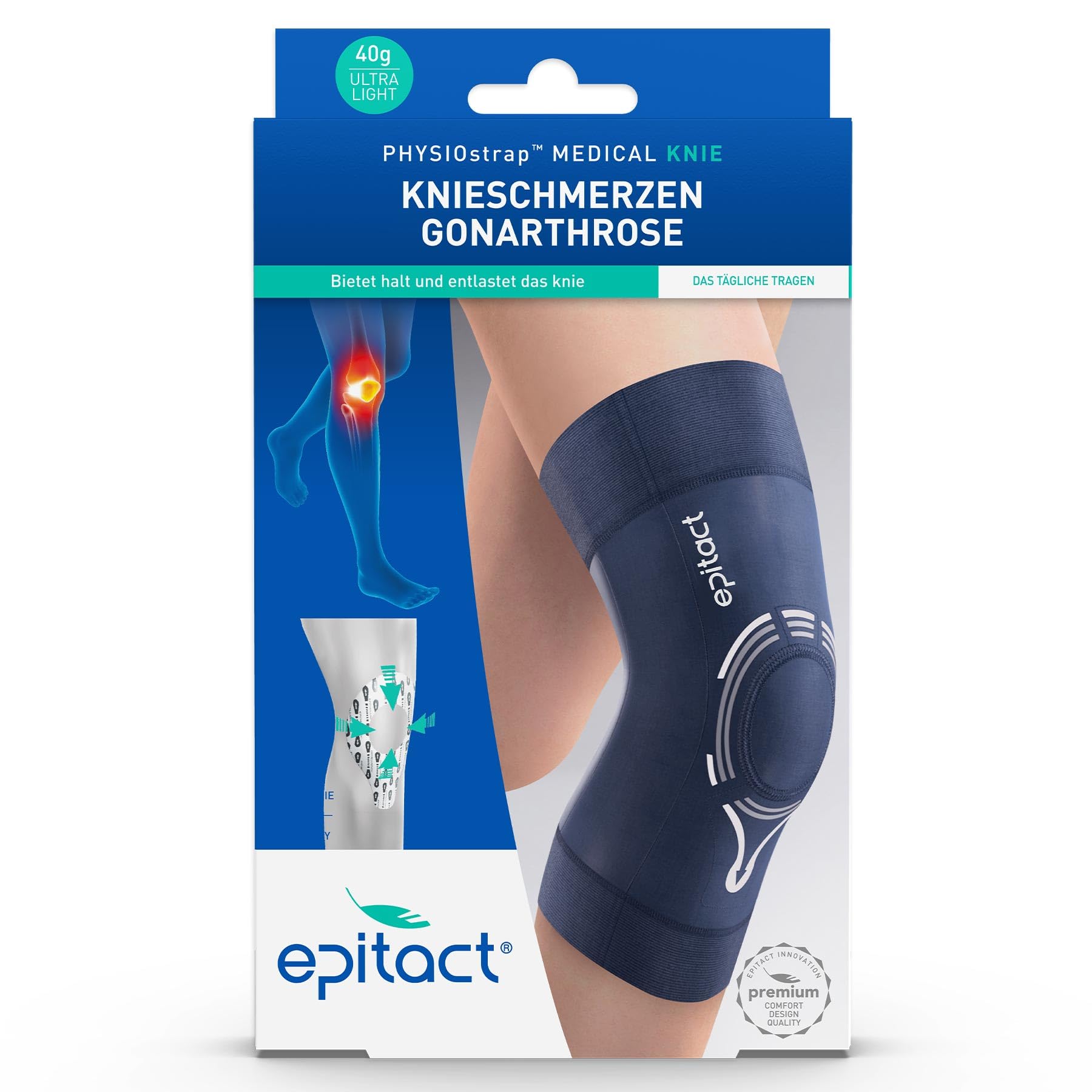 Epitact | Medizinische Kniebandage Physiostrap | Arthrose des Knies, Rotulan-Syndrom | Lindert und sichert empfindliche Knie | dünn, weich, ultrakomfortabel (M)