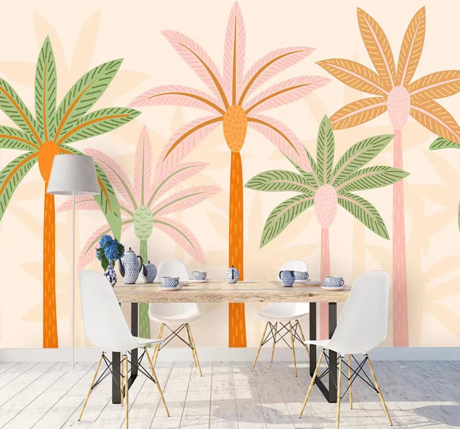 Wallpaper-3D-Xlm 250Cm×170Cm(B×H) Minimalist Cartoon Hand Drawn Colourful Palm Trees 3D Wallpaper Easy Install Feature Office Living Room Sofa Bedroom Tv Background Wall Decoration-250Cm×170Cm