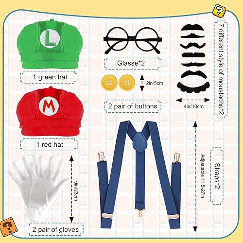 Miniatura 2 de Super Bros Costume Kit with Hat, Mustaches, Suspenders, Gloves Buttons ang Glasses frame for Halloween, Cosplay and Christmas