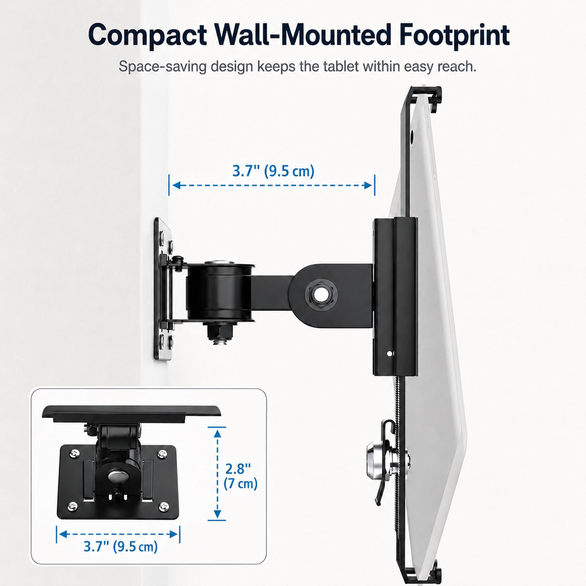 Keuvirya Support mural pour tablette de 7 à 11 pouces, y compris serrure de sécurité antivol et clé - Support pivotant articulé pour mode portrait et paysage (noir)