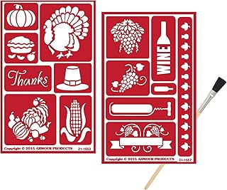 2 Armour Etch Over N Over Reusable Glass Etching Stencils | Thanksgiving Holiday Themed Stencil | Pumpkin, Turkey, Pie, Harvest, Thanks, Corn, Wine Theme Design | Set Includes Brush