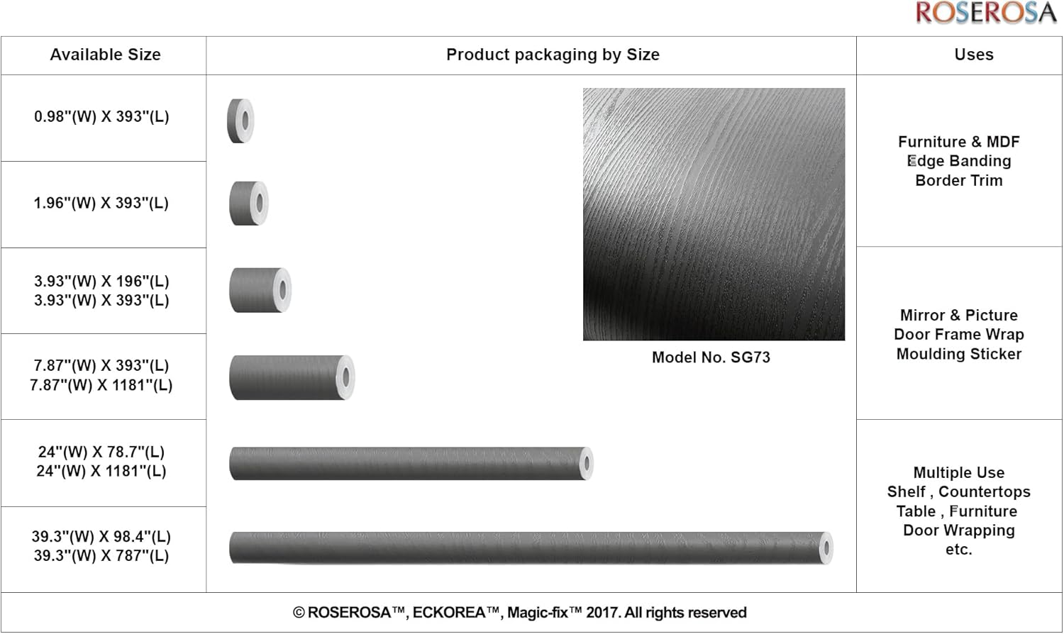 ROSEROSA Peel and Stick Solid Faux Wood Architectural Film Self-Adhesive Vinyl Film Wallpaper Door Wrap Counter Top Border Mirror Molding Trim SG73