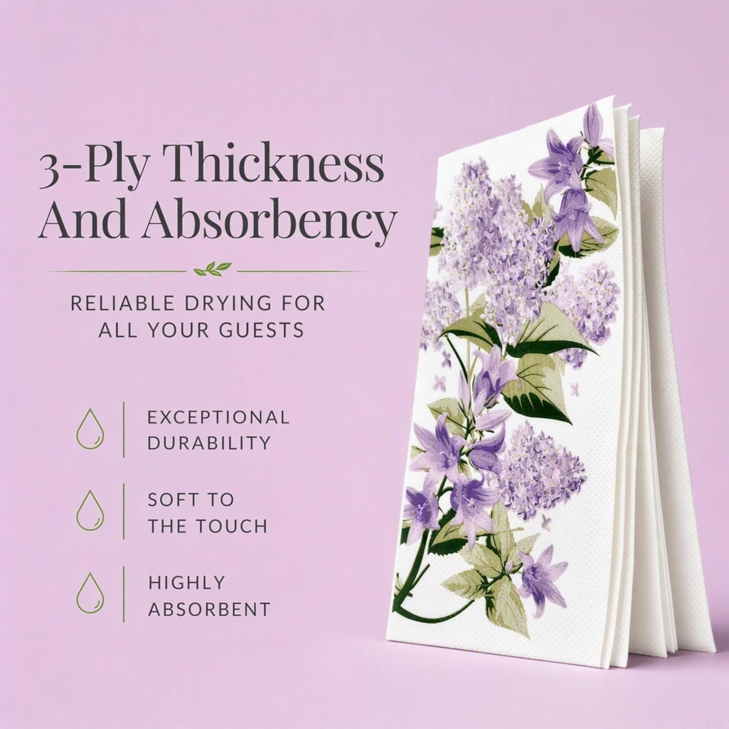 100 Purple Floral Guest Napkins 3 Ply Disposable Paper Hand Towels image 3