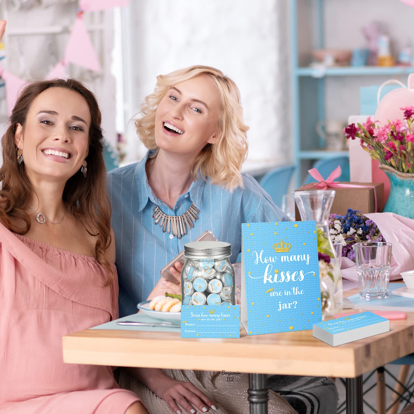 "How Many Kisses" Baby Shower Game Set - Standing Sign, 50 Guess Cards, 180 Stickers