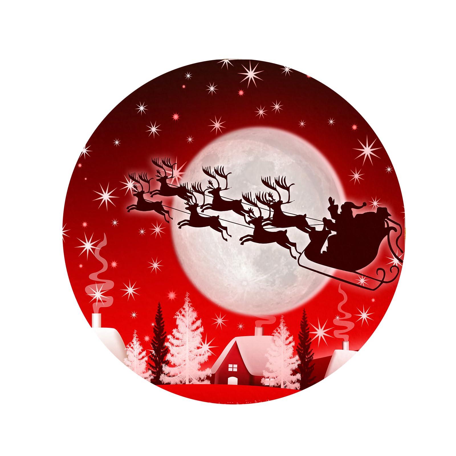 goodbath Round Christmas Rug 90cm, Red Xmas Holiday Moon Night Sleigh Anti-Slip Super Soft Circle Area Rug for Bedroom Living Room Kids Room under Chair for Boys Girls