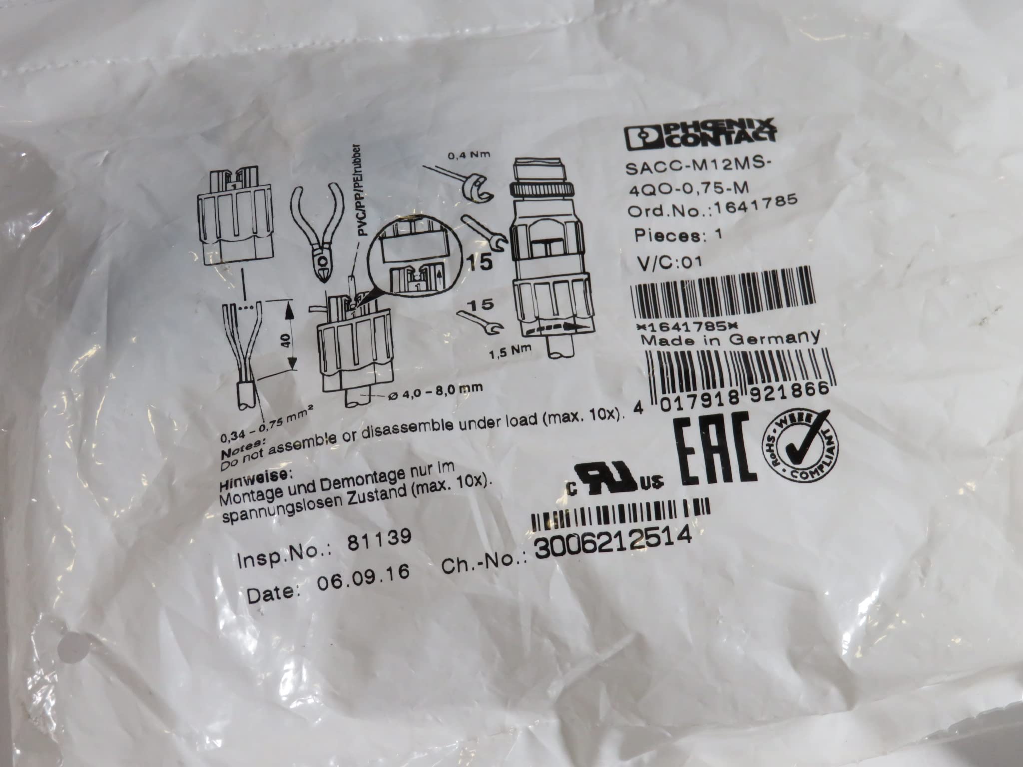 PHOENIX CONTACT SACC-M12MS-4QO-0,75-M Sensor Connector, M12 Plug, 4 POS