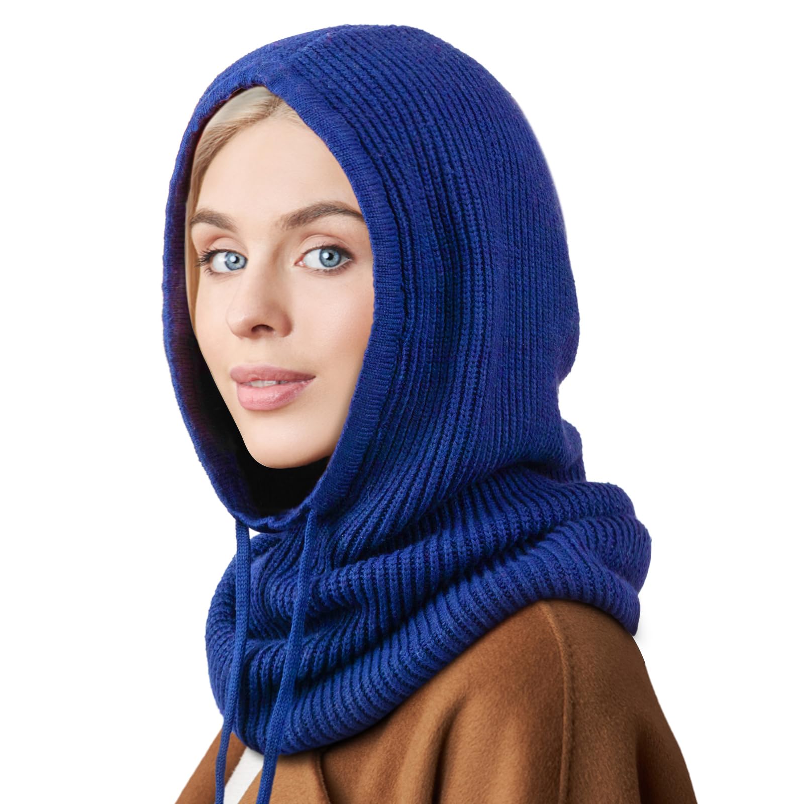 Dreshow Women's 1 Pc Hooded Hat: Blue Winter Hats For Balaclava Knit Beanie Skull Cap With Drawstring Warm Hooded Scarf Hat