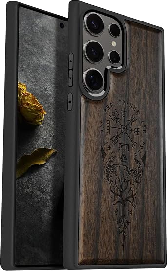 Carveit Wood Case for Galaxy S25 Ultra Case 2025 [Natural Wood & Black Soft TPU] Shockproof Protective Cover Unique Wooden Design Compatible with Samsung S25 Ultra The Guiding Vegvisir-Blackwood