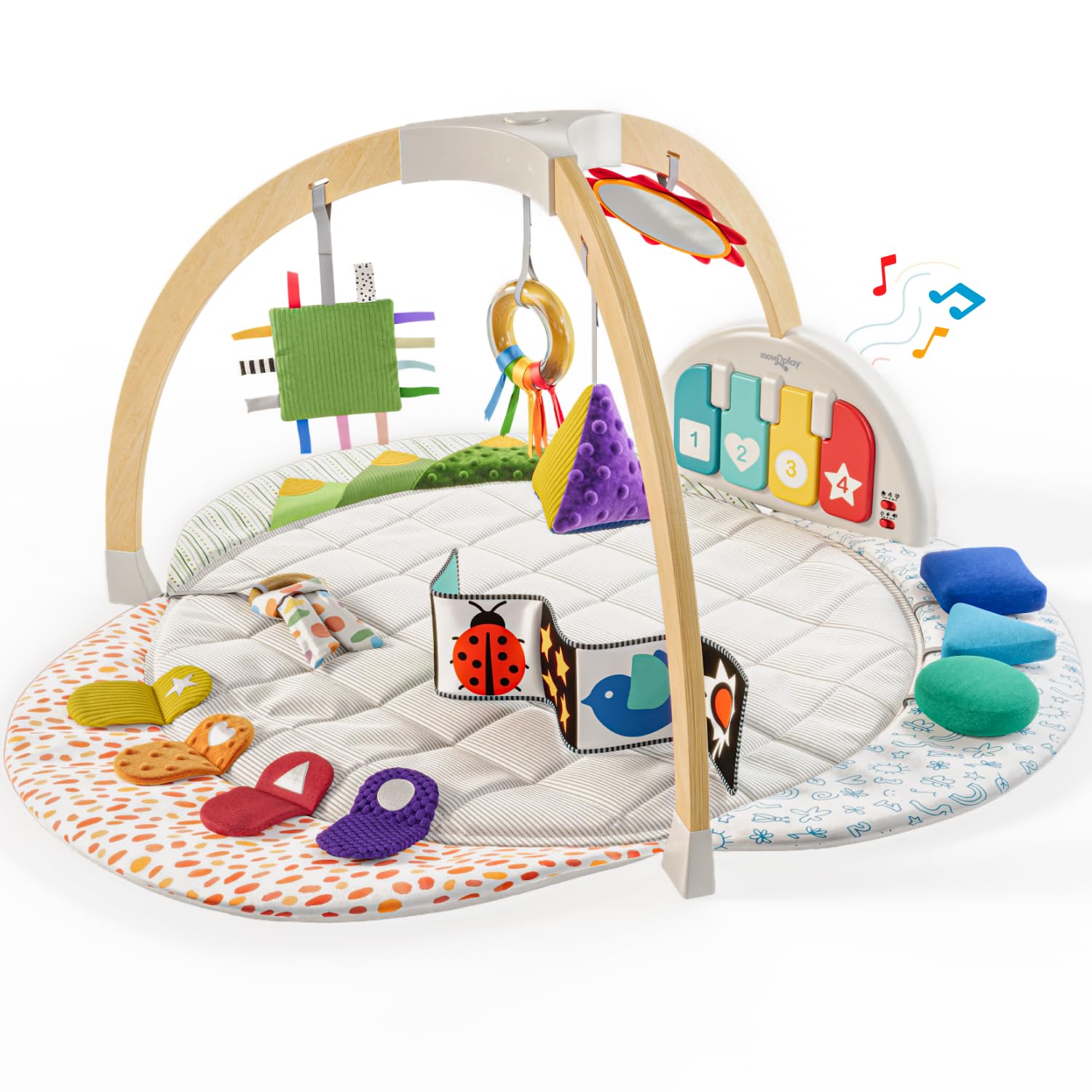 Move2Play, Montessori Inspired Wooden Kick & Play Baby Gym | Musical Piano | Tummy Time Activity Center | Play Mat for Newborns & Infants | Toys for Ages 0-6+ Months (Deluxe)