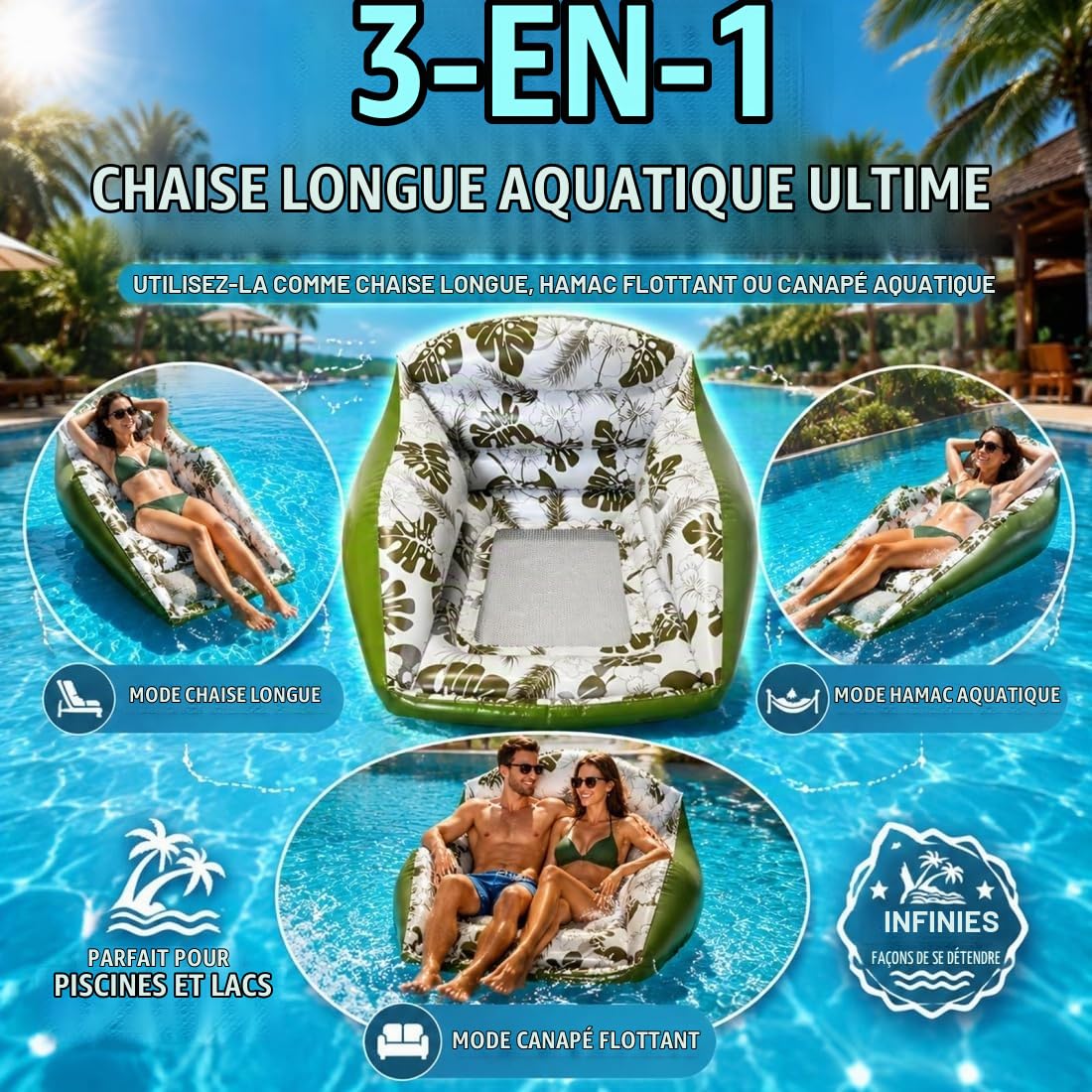 Fauteuil Gonflable Piscine 3-en-1 Adulte, hamac Flottant en U avec Porte-gobelet et siège Filet pour Piscine, lac, Plage et Vacances