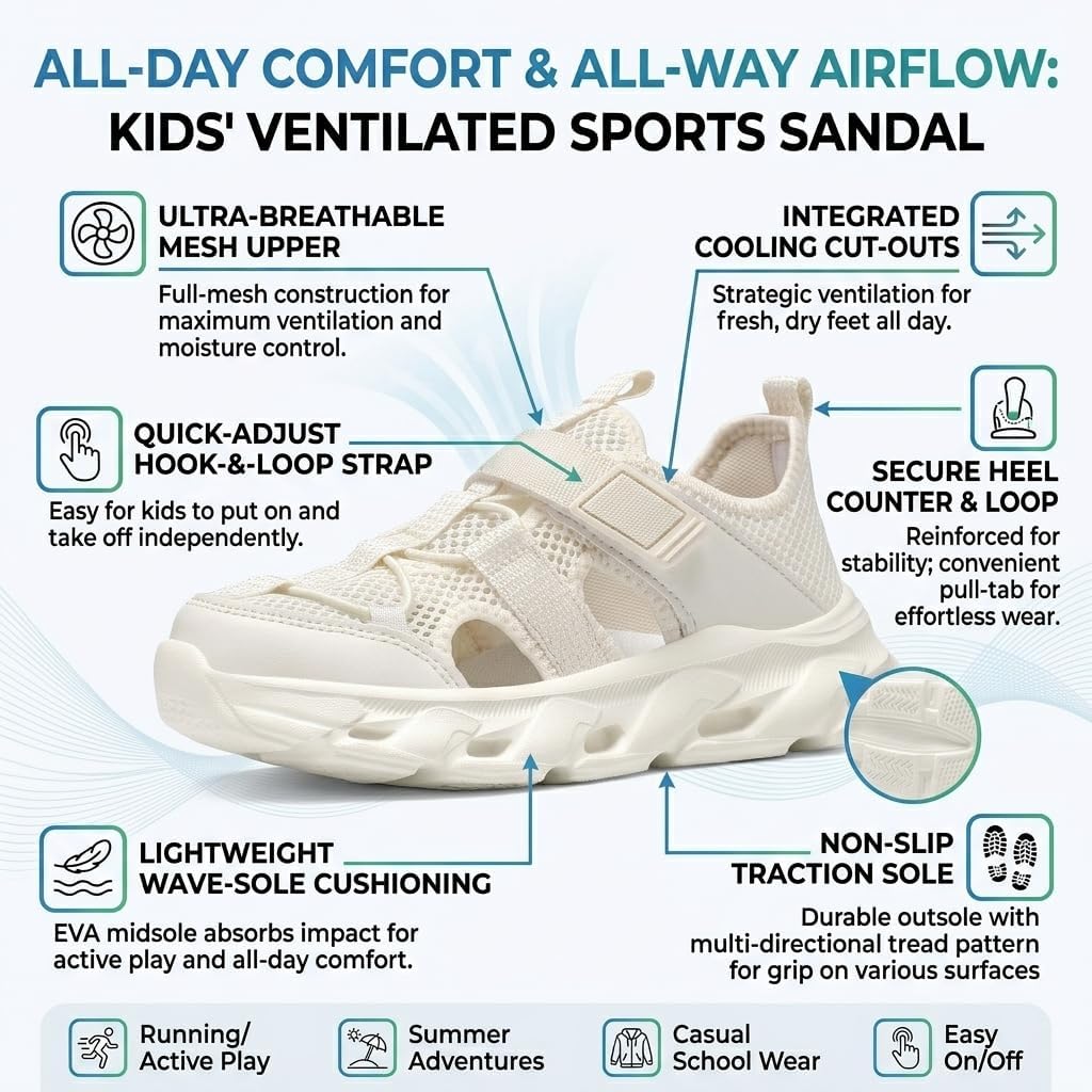 Kids Sport Sandals for Boys Girls Summer Mesh Breathable Athletic Sports Sandals with Adjustable Hook and Loop Lightweight Non-Slip Outdoor Walking Shoes for Toddler/Little Kid/Big Kid