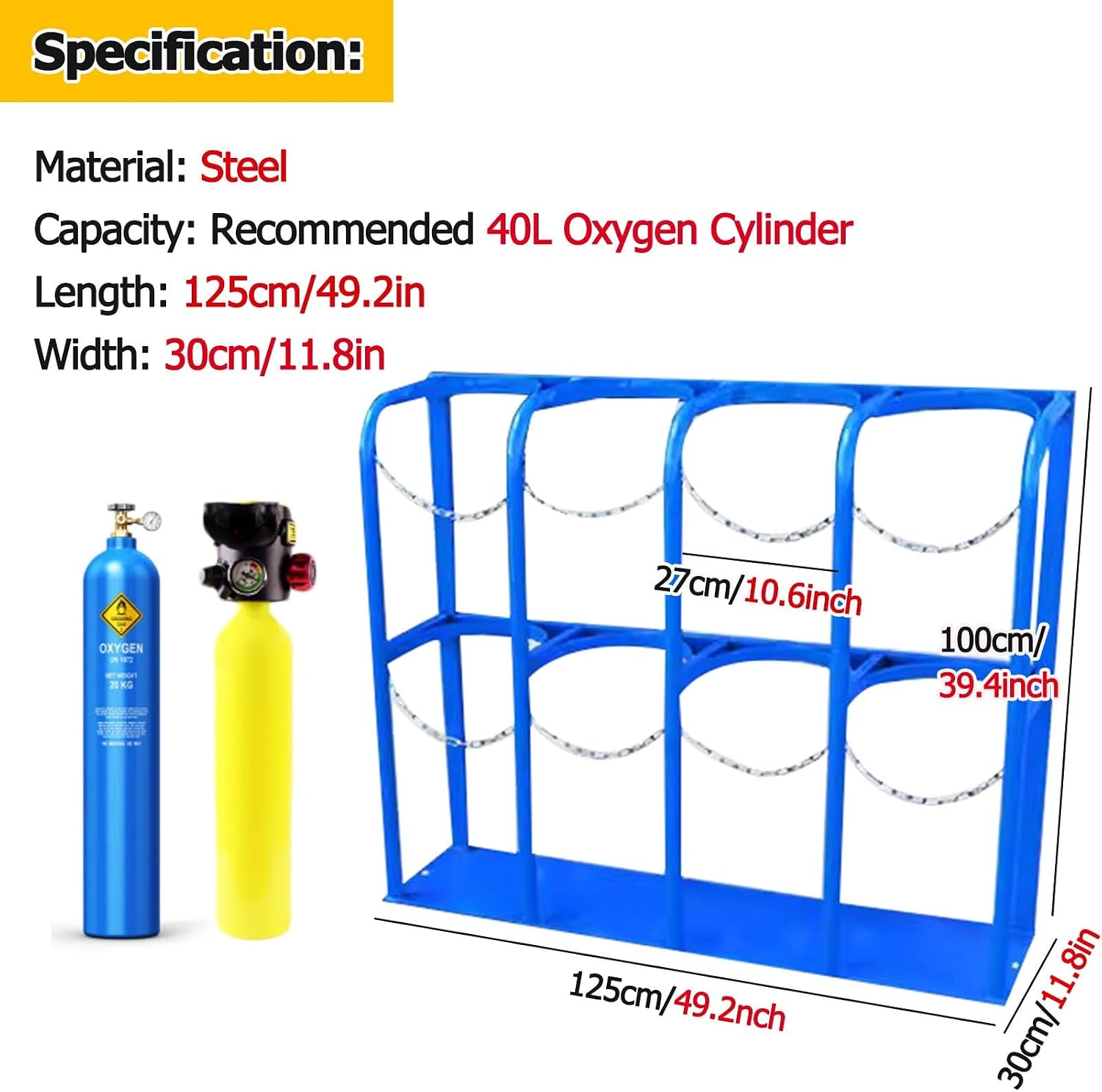 100cm Tall Oxygen Cylinder Rack/ Propane Tank Holder Floor Mountable, Hospital Laboratory Gas Cylinder Fixed Shelf/ Cylinder Bracket, with Protective Chain (# 27cm/10.6in-125x30x100cm/50x11.8x49.2in