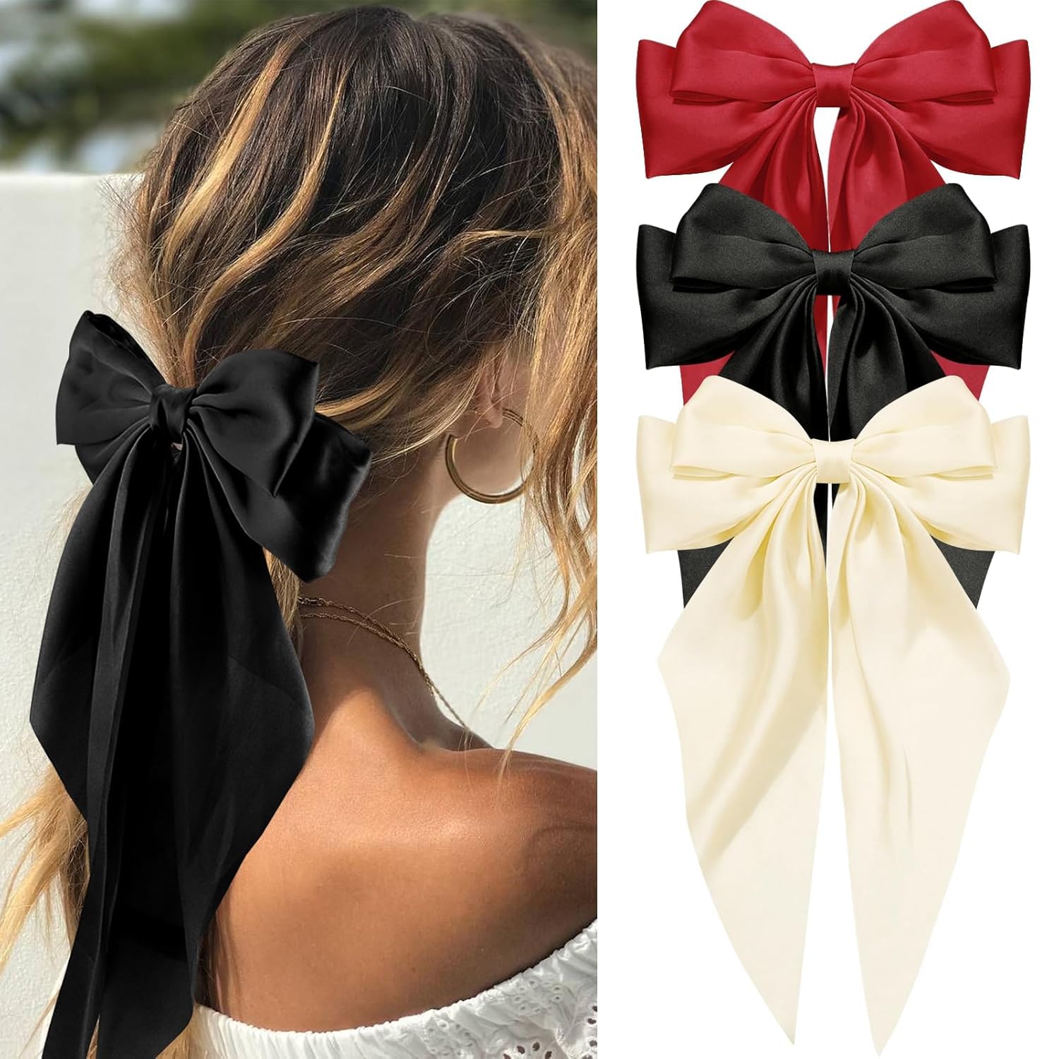 Miss Lirenn® 03 PCS Oversized Satin Bow Hair Clips, Long Tail French Barrettes, 3 Colours Pack - Red, Black, Ivory (Multicolor Bow Design)